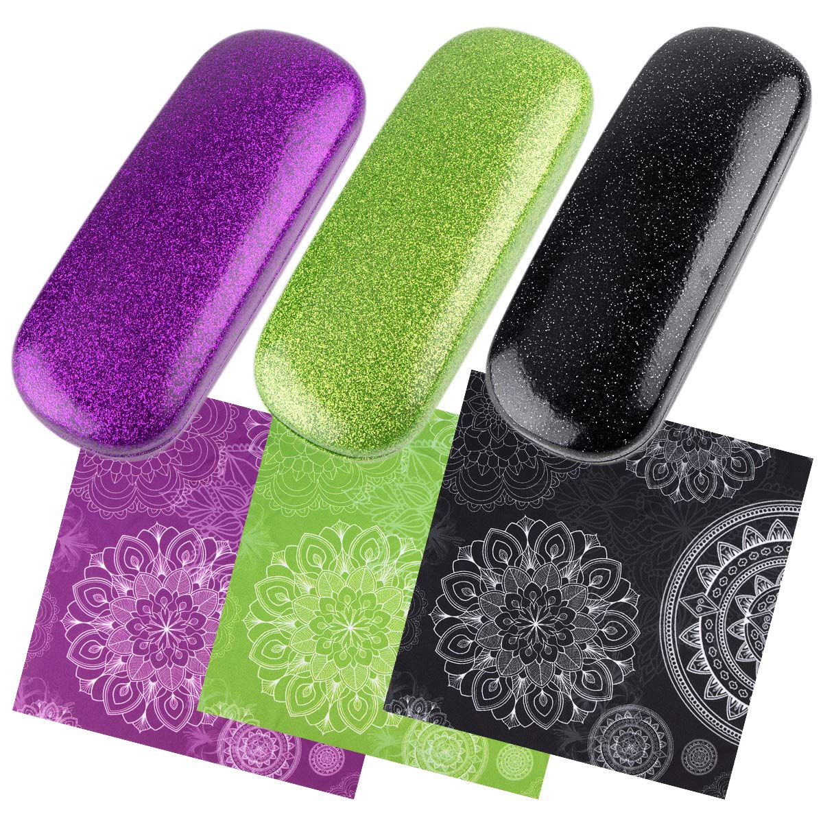 3 Pack Hard Shell Glasses Case for Eyeglasses & Sunglasses - Shiny Protective Cover with Matching Cleaning Cloth - Perfect for Travel, Work, and Daily Storage
