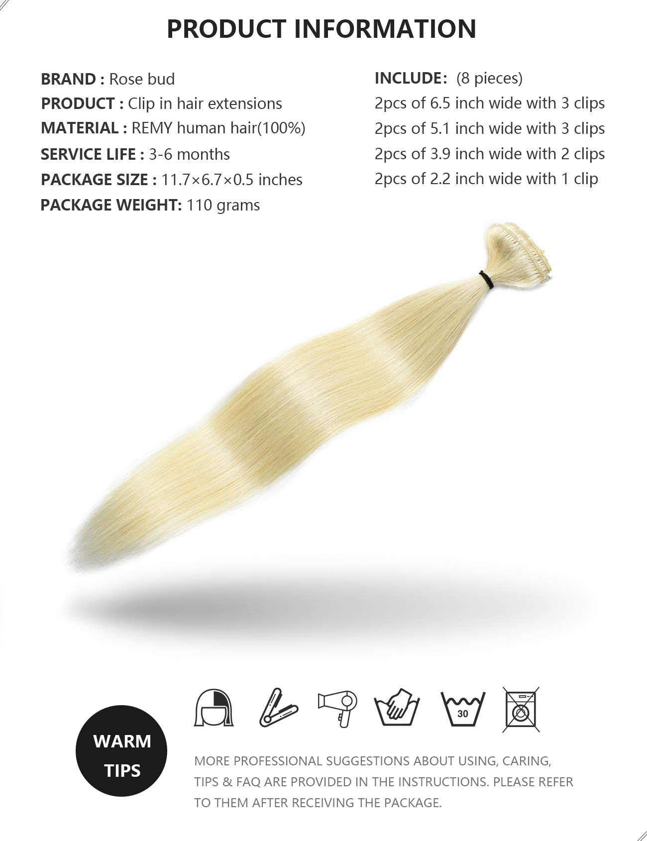 Rose Bud Clip-in Hair Extensions 8Pcs 18 Clips 70g/Set 18 Inch Platinum Blonde Human Hair - Perfect for Parties, Weddings & Daily Styling