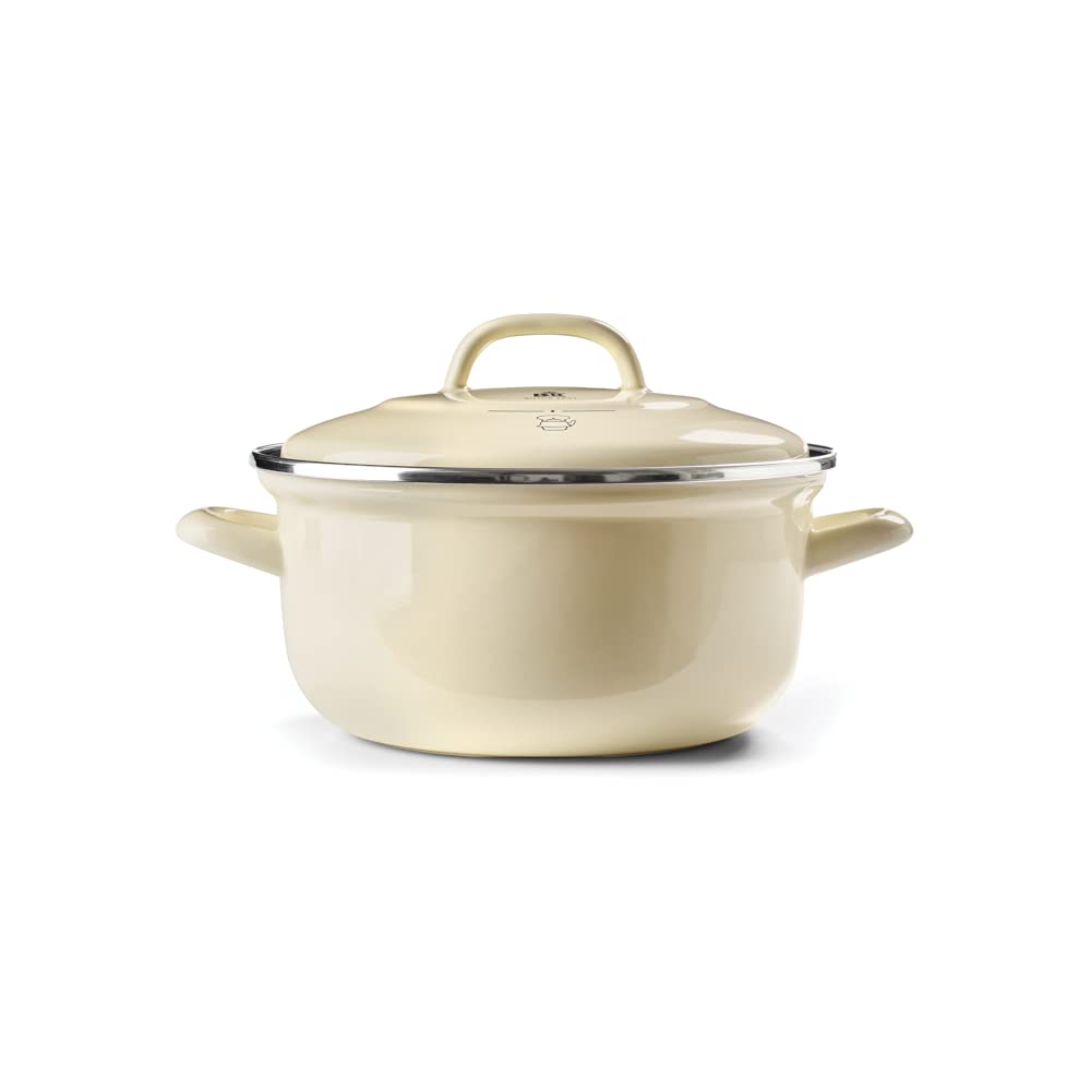 PFAS-Free Ceramic Non-Stick Coating Dutch Oven - 20cm/2.5L Round Enameled Casserole Pot with Lid - Induction, Oven & Dishwasher Safe - Cream Color - Perfect for Slow Cooking, Baking & Family Meals