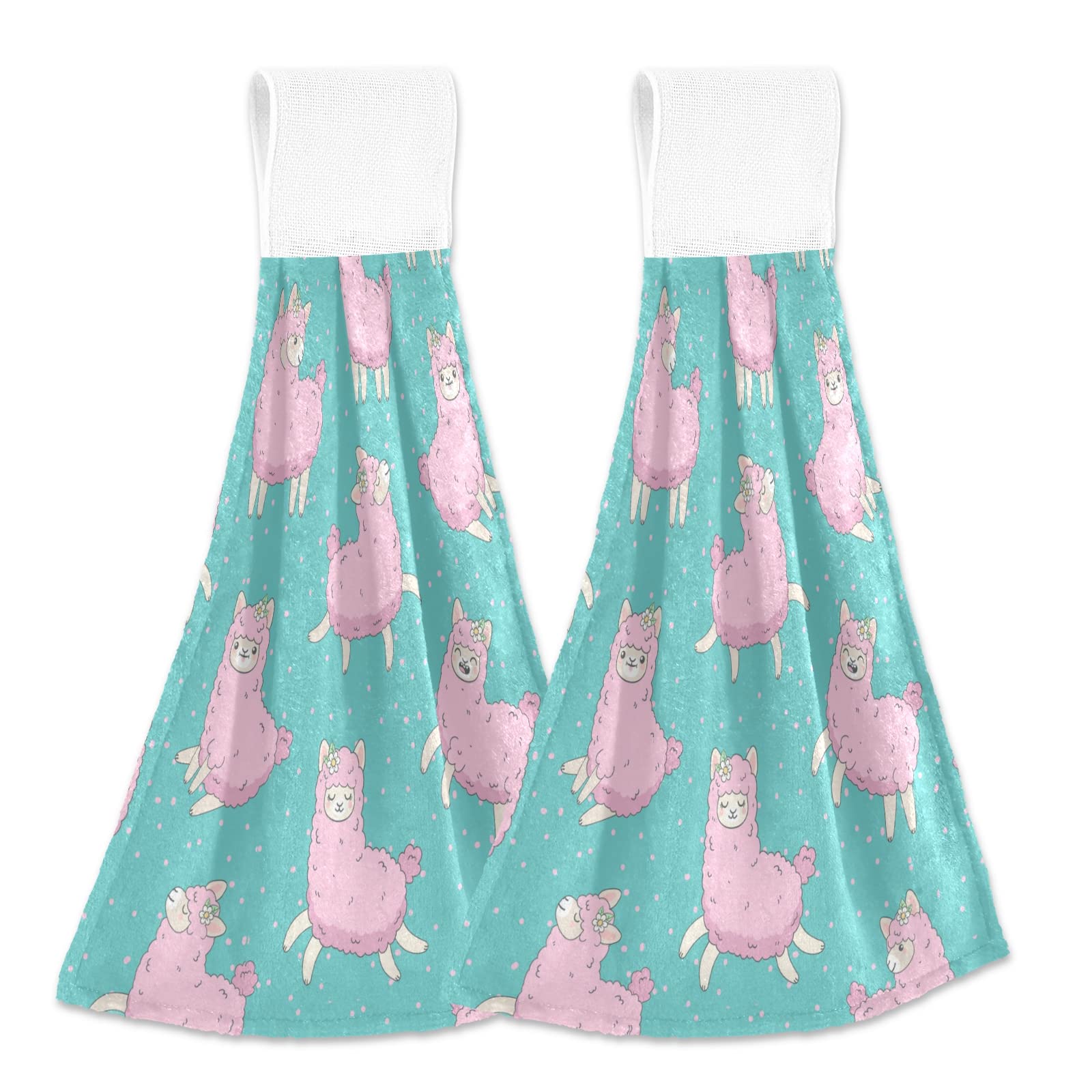Cute Cartoon Llama Hand Towels Set of 2 - Soft Absorbent Microfiber Coral Velvet Towels with Hanging Loop for Kitchen, Bathroom & Laundry Room - Perfect for Home Decor, Gift Giving and Everyday Use