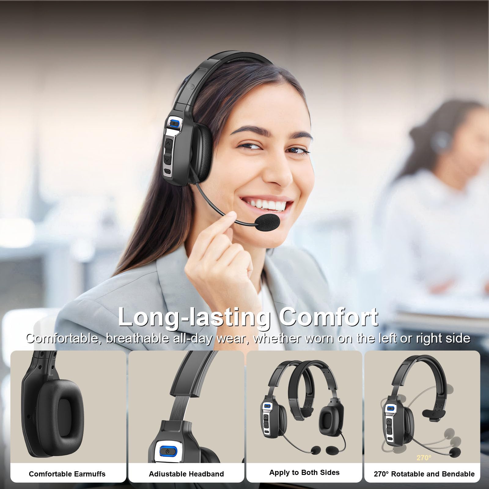 Bluetooth Headset for Truckers - AI Noise Cancelling Mic, Mute Button, 65H Battery Life, Bluetooth 5.2 - Hands-Free Truck Driver Headset for Calls & Multitasking | Ideal for Long Hauls & Professional Driving