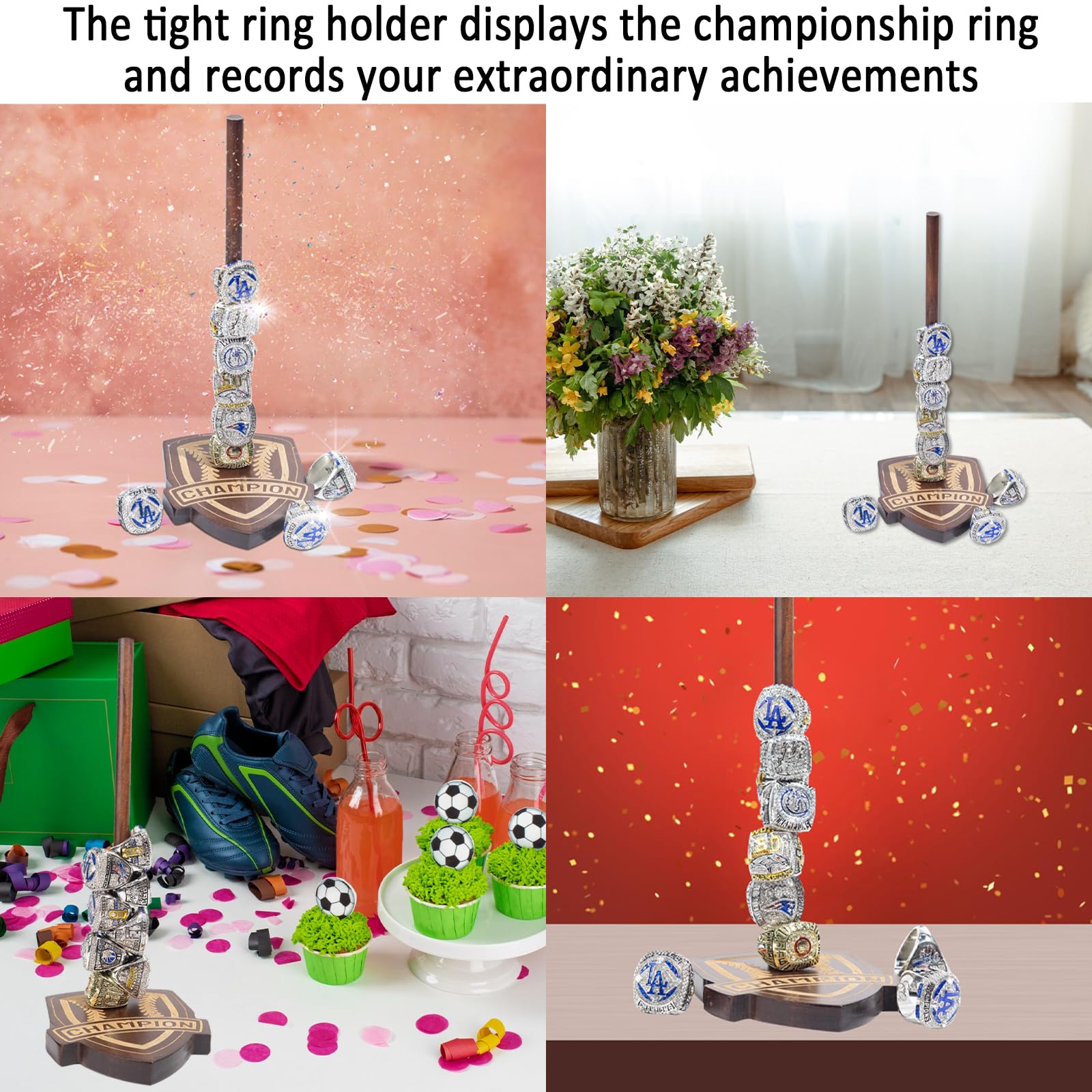 Championship Baseball Ring Holder - Wooden Display Stand for Softball & Sports Rings with Engraved Patterns - Perfect for Trophy Case, Memorabilia Display, or Gift for Athletes