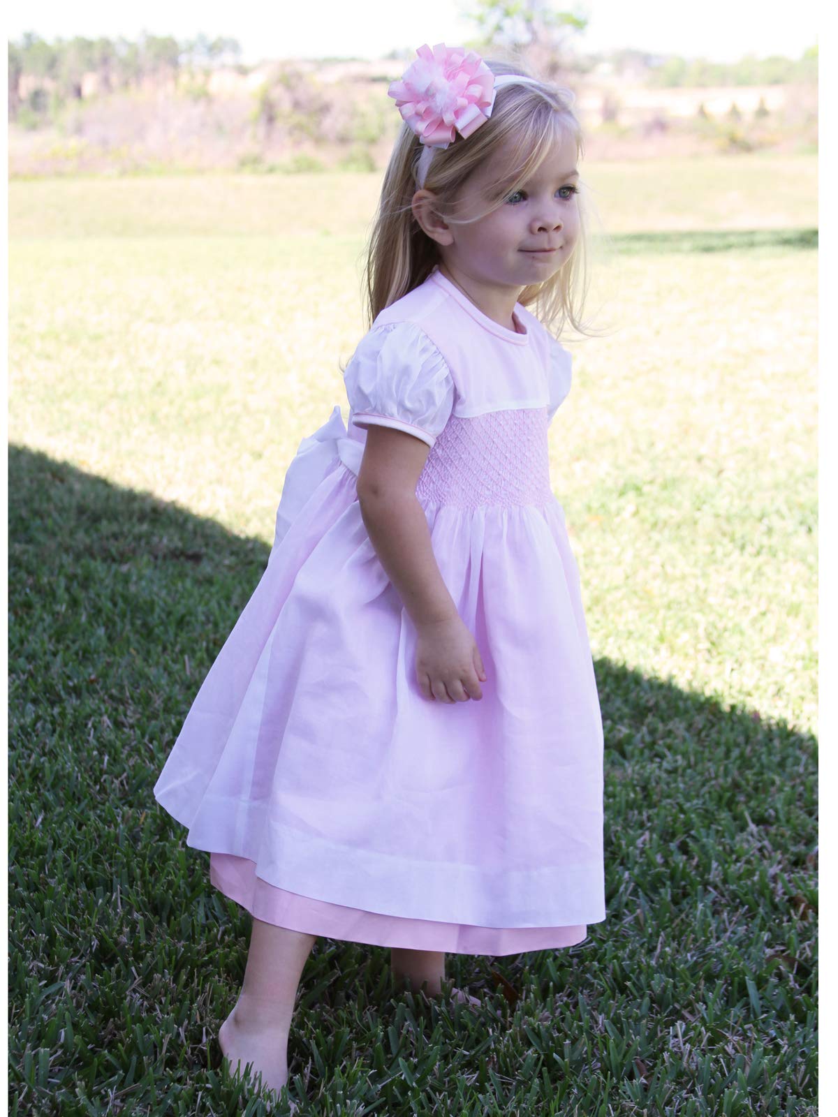 Elegant White and Pink Girls Easter Dress - Hand Smocked Short Sleeve Party Dress for Spring, Easter Sunday, Photoshoot & Special Occasions