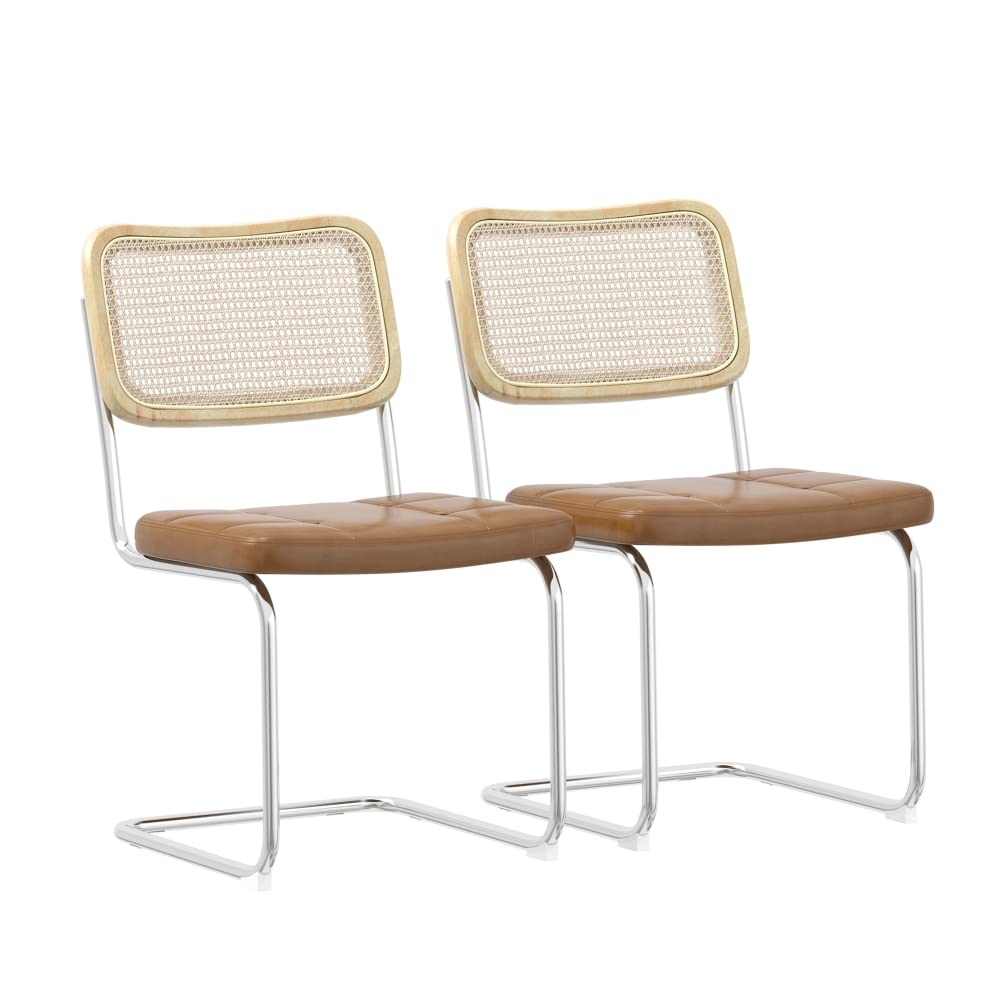 2-Piece Brown Leather Dining Chair Set with High-Density Sponge & Rattan Back - Accent Chairs for Kitchen, Office, Living Room & Bedroom - Comfortable Upholstered Cantilever Chairs for Dining, Working & Relaxing