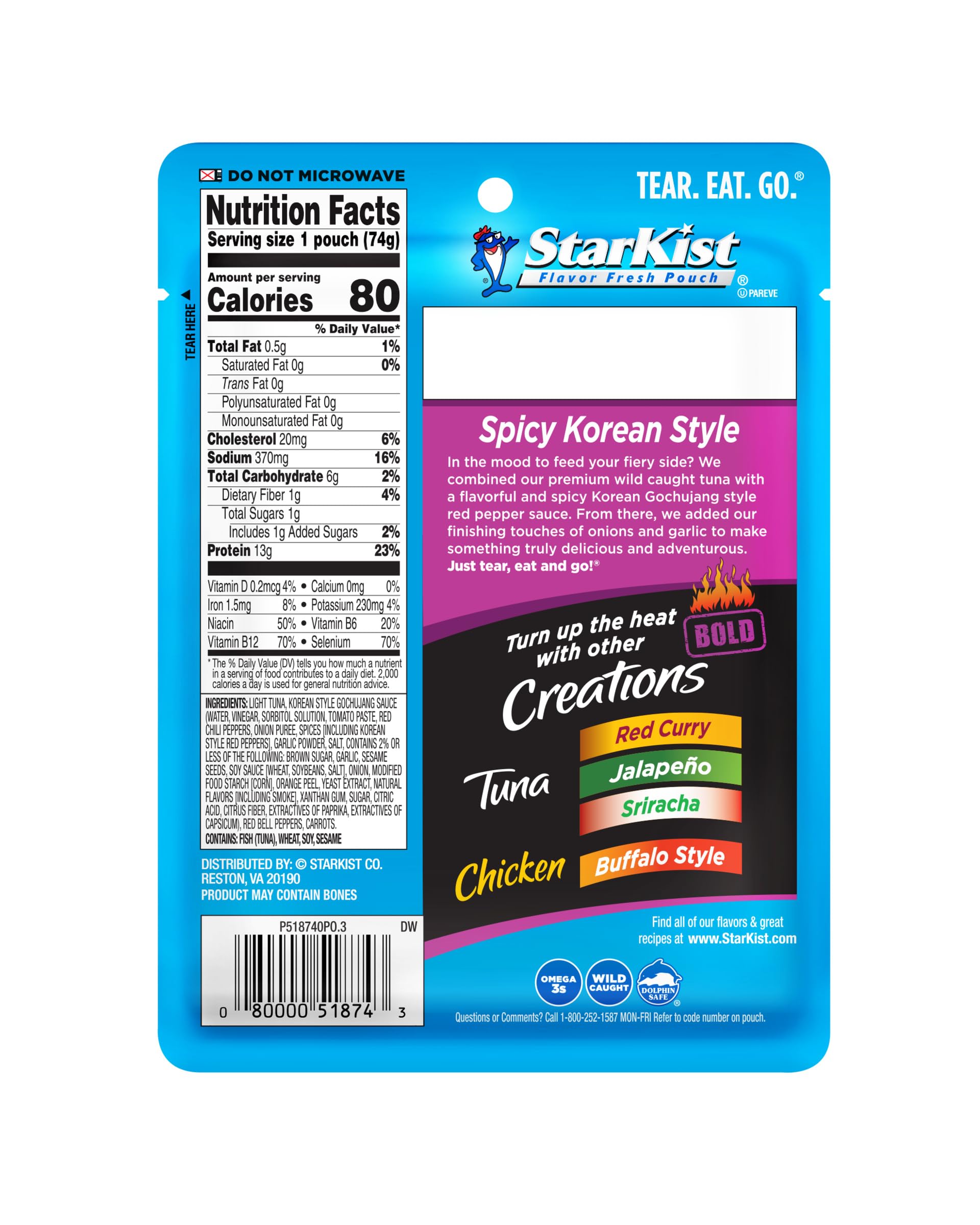 StarKist Tuna Creations BOLD Spicy Korean Style with Gochujang Sauce - 2.6 Oz Pouch (Pack of 24) - Perfect for Sandwiches, Salads & Quick Meals