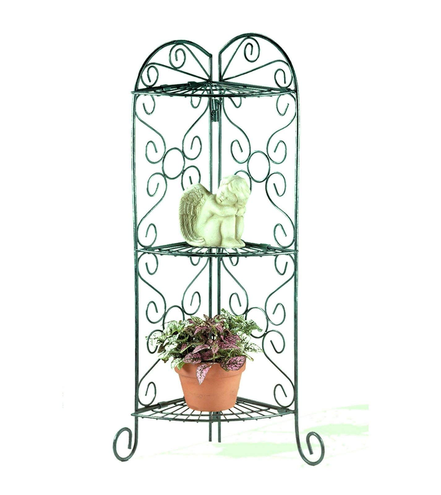 Antiqued Metal Faux Verdigris Corner Plant Stand Shelf Unit - Decorative Indoor/Outdoor Plant Display Shelf for Home Garden, Patio, and Balcony Decor