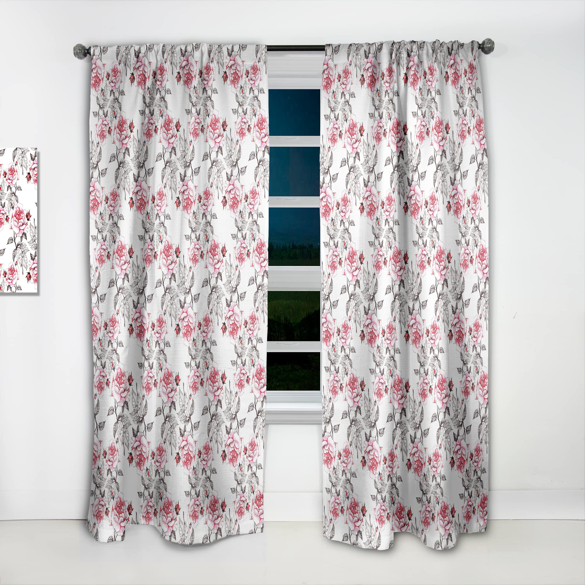 DesignQ Thermal Insulated Curtains - Red Roses Seamless Pattern - 52x95 Inch Single Panel for Bedroom & Living Room - Blackout Drapes for Privacy, Energy Saving & Home Decor