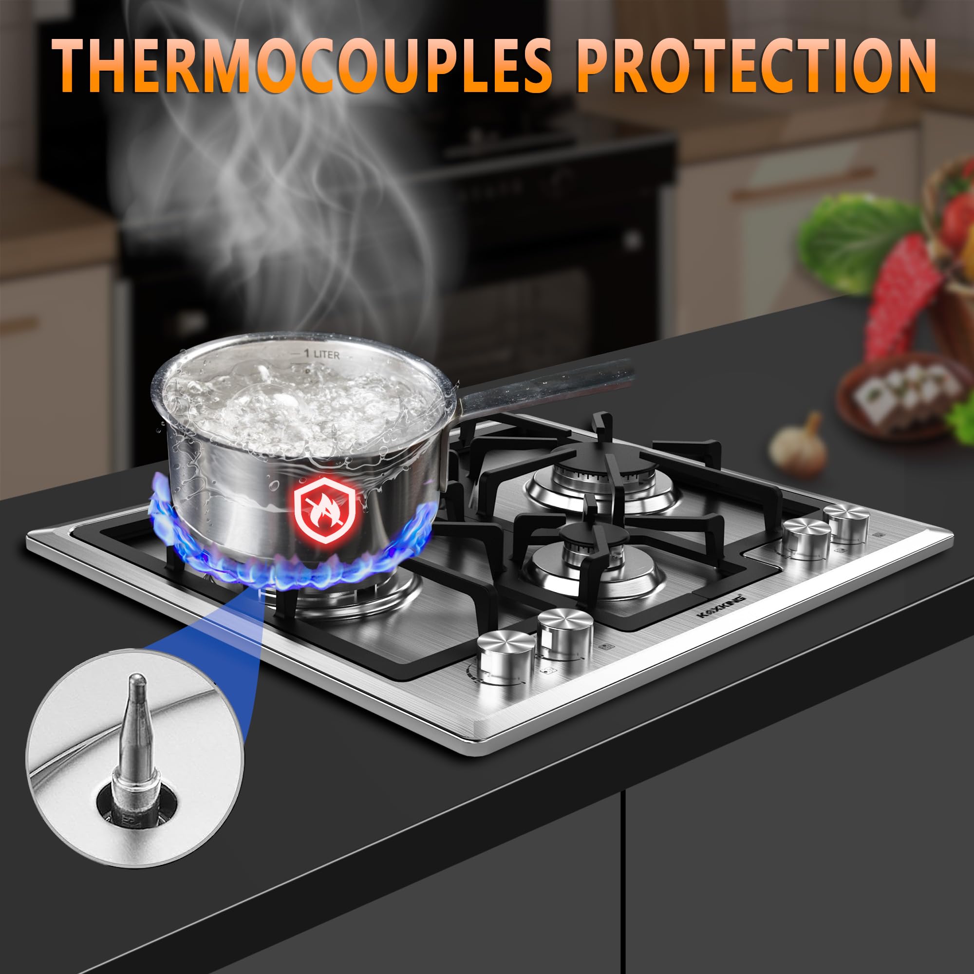 24 Inch Built-in Gas Cooktop - 4 Burner NG/LPG Convertible Stove with Thermocouple Protection - Stainless Steel Gas Range for Home Kitchen Cooking, Baking & Entertaining