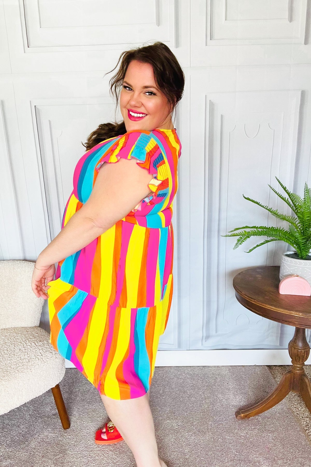 Eyes On You Multicolor Abstract Print Smocked Ruffle Sleeve Dress for Women | Flowy Summer Dress for Beach, Party & Date Night