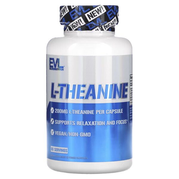 EVLution Nutrition L-Theanine 60 Capsules - Stress Relief & Focus Supplement for Anxiety, Sleep & Relaxation - Perfect for Work, Study & Meditation