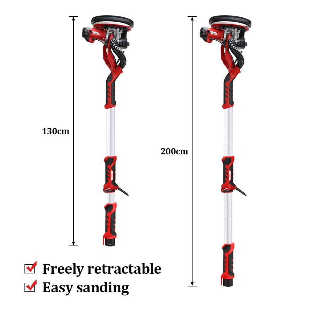 1250W Electric Drywall Sander with Dust-Free Vacuum System - 5 Variable Speed, Double-Deck LED Lights, Includes 12 Sanding Discs - Perfect for Home Renovation, Wall Repair & Professional Construction Projects