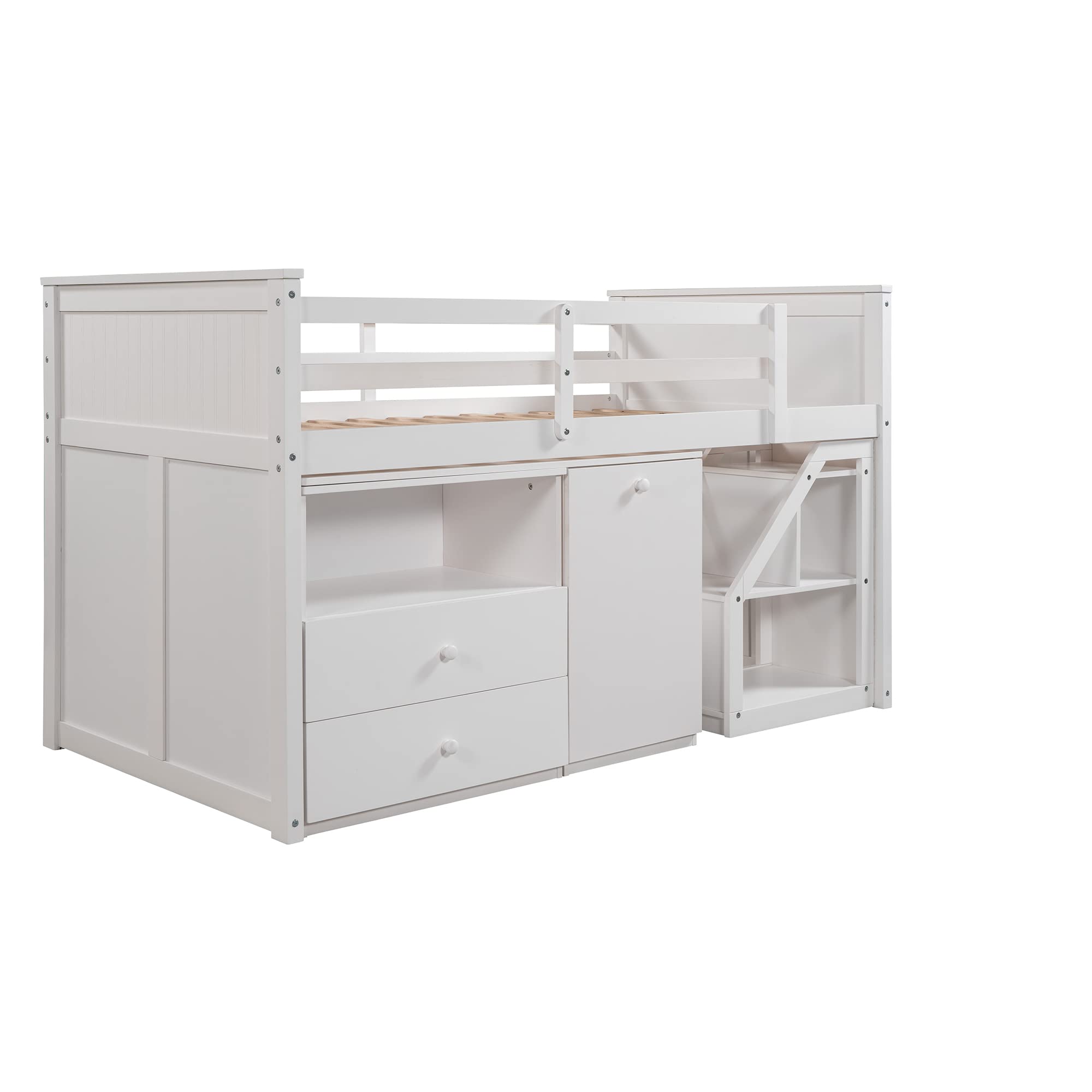 SOFTSEA Twin Loft Bed with Built-in Desk, Storage Cabinet & Stairs - Space-Saving Kids Low Bunk Bed (White) - Perfect for Small Bedrooms, Dorms & Playrooms