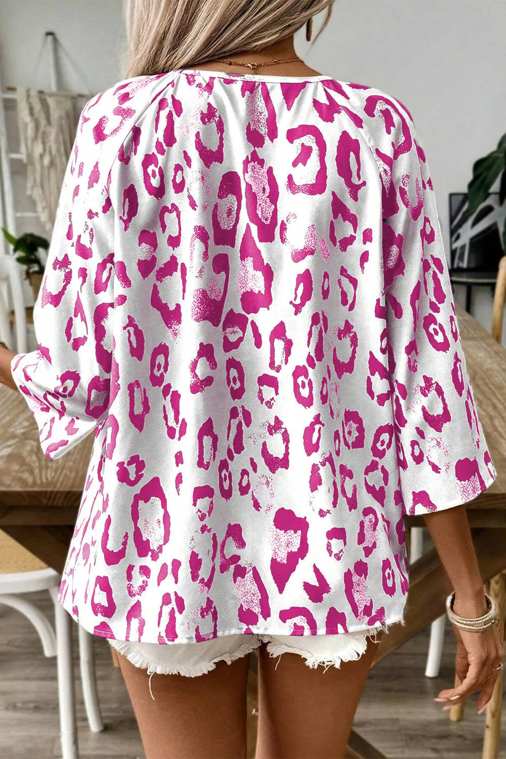 Leopard Print V-Neck Three-Quarter Sleeve Blouse for Women - Stylish Animal Print Top for Office, Party & Casual Wear