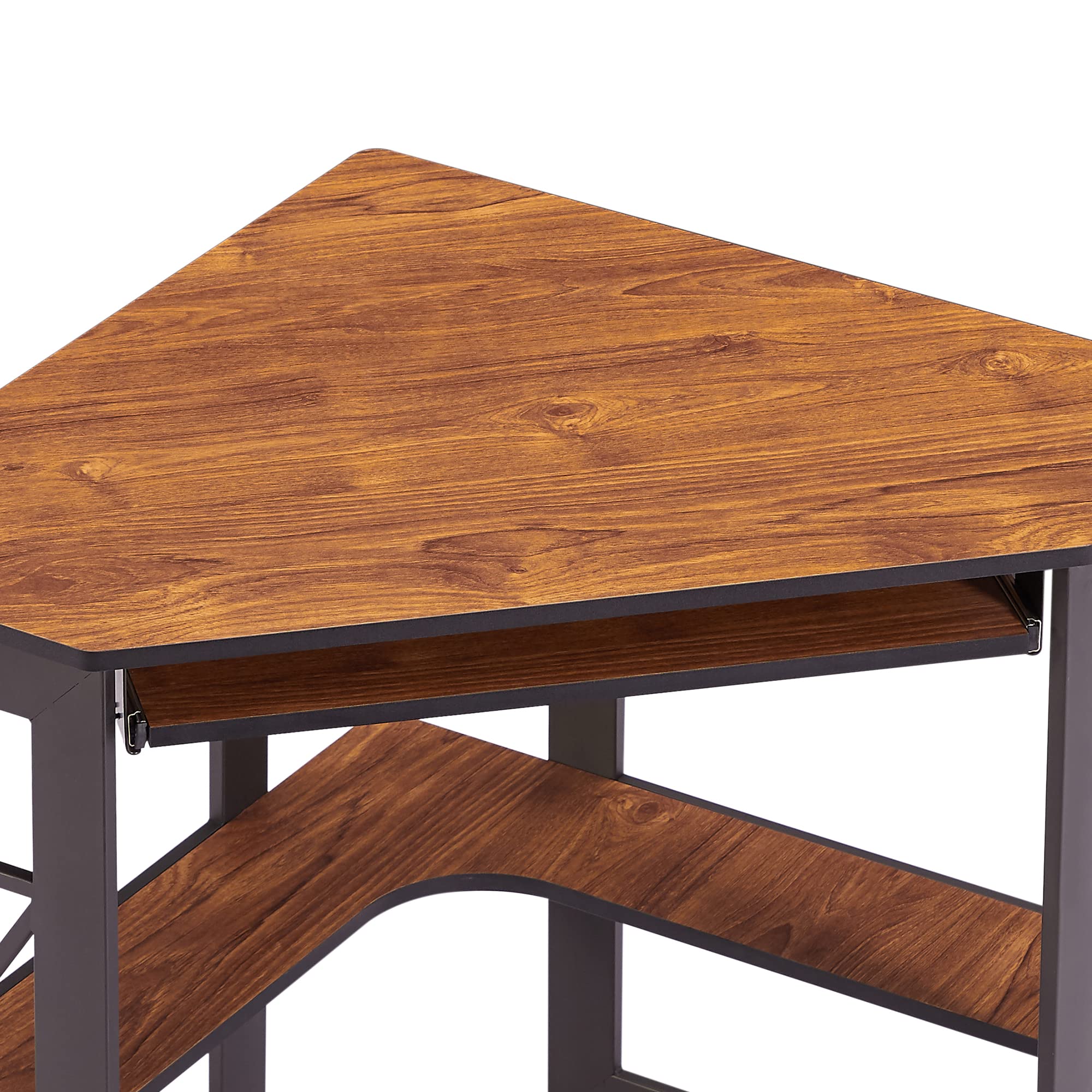 VECELO Compact Corner Desk - Home Office Computer Desk with Smooth Keyboard Tray & Storage Shelves, Space-Saving Triangle Writing Table in Teak Finish | Perfect for Small Spaces, Dorm Rooms & Apartment Workstations