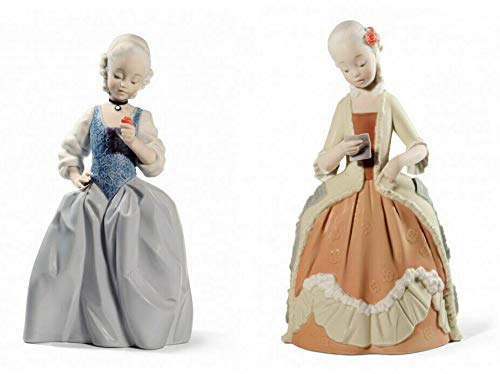 Lladro Nao Set of 2 Porcelain Figurines - Rococo Girl with Letter & Rococo Girl with Flower - Handcrafted Collectible Home Decor for Living Room, Shelf Display, and Gift Giving