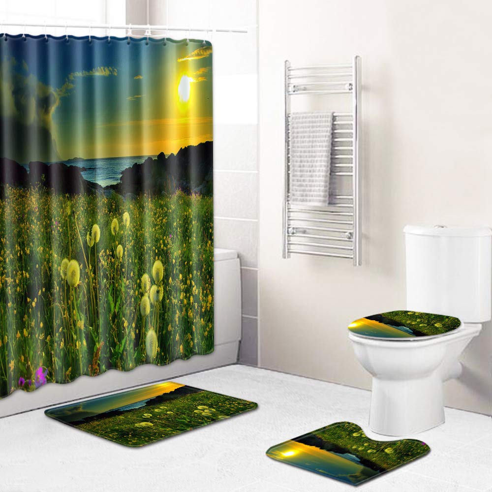 4PCS 3D Shower Curtain Set with Sunset Dandelion Scenery - Waterproof Bathroom Decor Includes Shower Curtain, Floor Mat, Toilet Rug & Ottoman for Modern Bathroom Upgrade