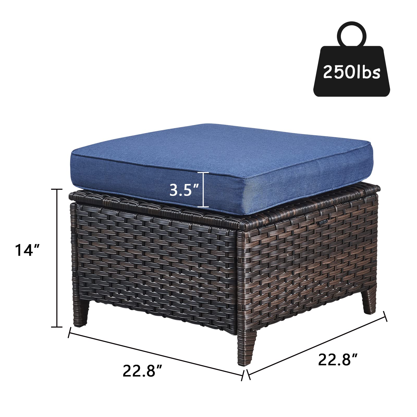 2-Piece Outdoor Wicker Ottoman Set with Thick Cushions - Brown/Blue Rattan Footrest Footstools for Patio, Garden & Poolside Relaxation