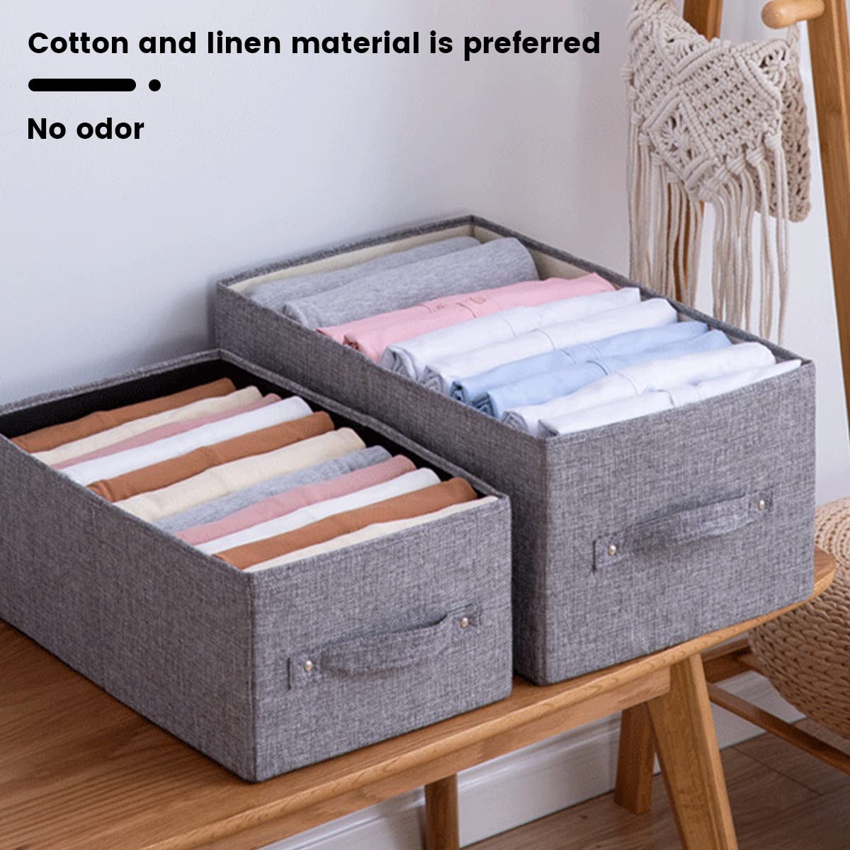 Foldable Cotton Linen Closet Storage Box with Handle - Washable Drawer Organizer for Underwear, Scarves, Dress Pants & T-Shirts (Grey, Large) - Perfect for Bedroom, Closet & Travel Storage Organization