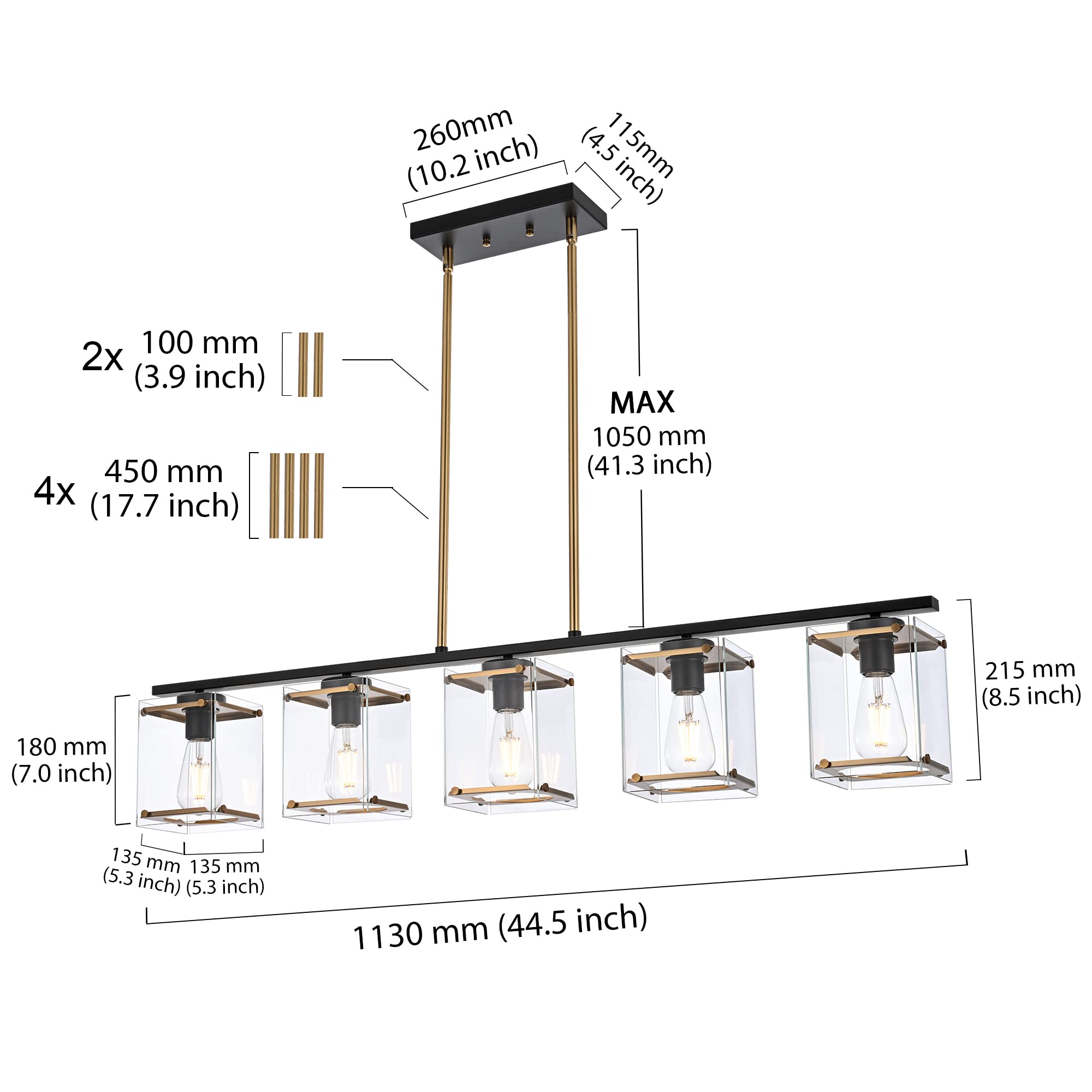 MELUCEE 5-Light Modern Linear Chandelier - Black and Brass Rectangular Pendant Light with Clear Glass Shades for Kitchen Island, Dining Room, Living Room | Perfect for Contemporary Home Decor and Open Concept Spaces