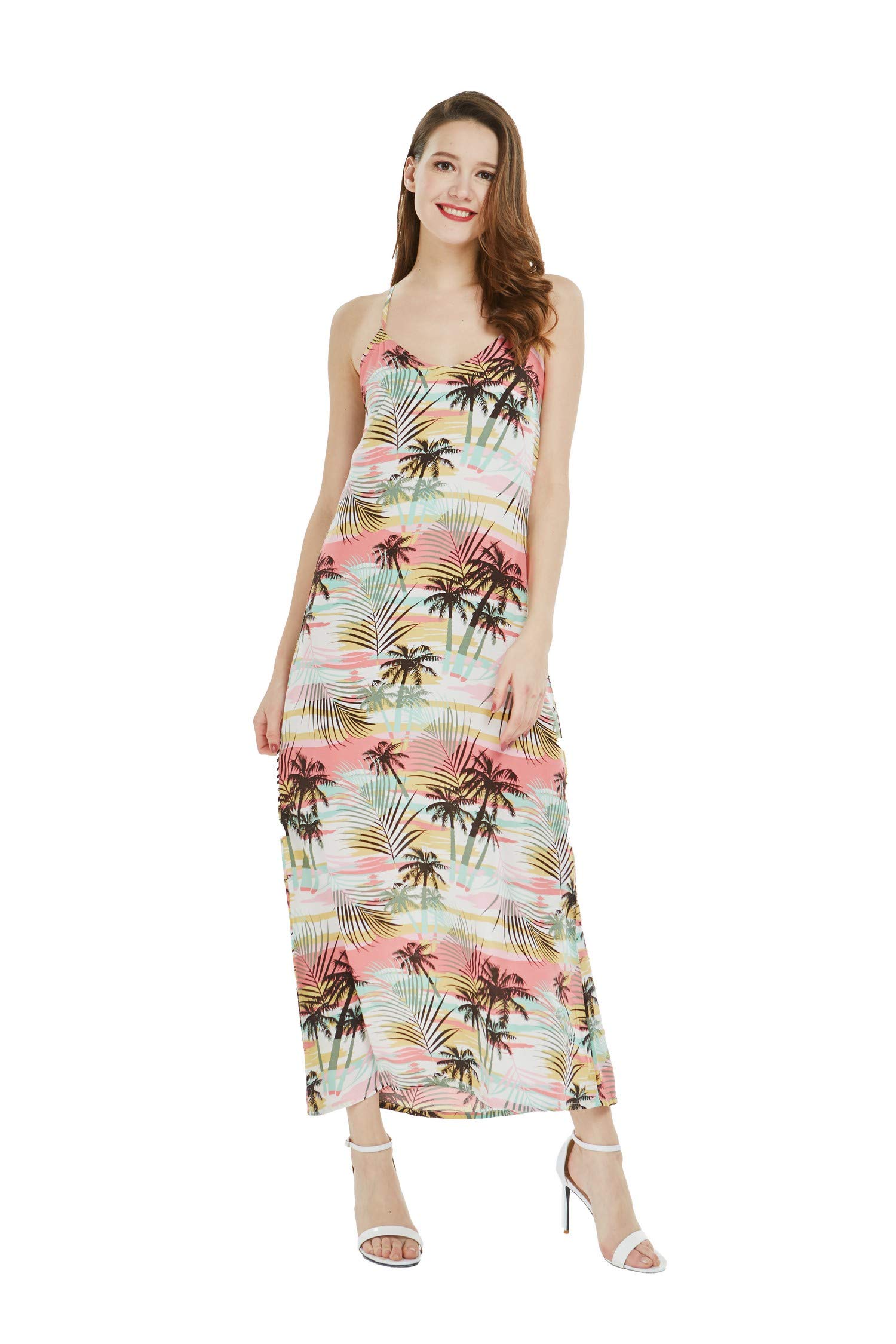 Hawaiian Luau Beach Sunset Print Maxi Dress for Women - Floral Sweetheart Neckline Long Dress for Summer Vacation, Beach Party, and Tropical Getaways