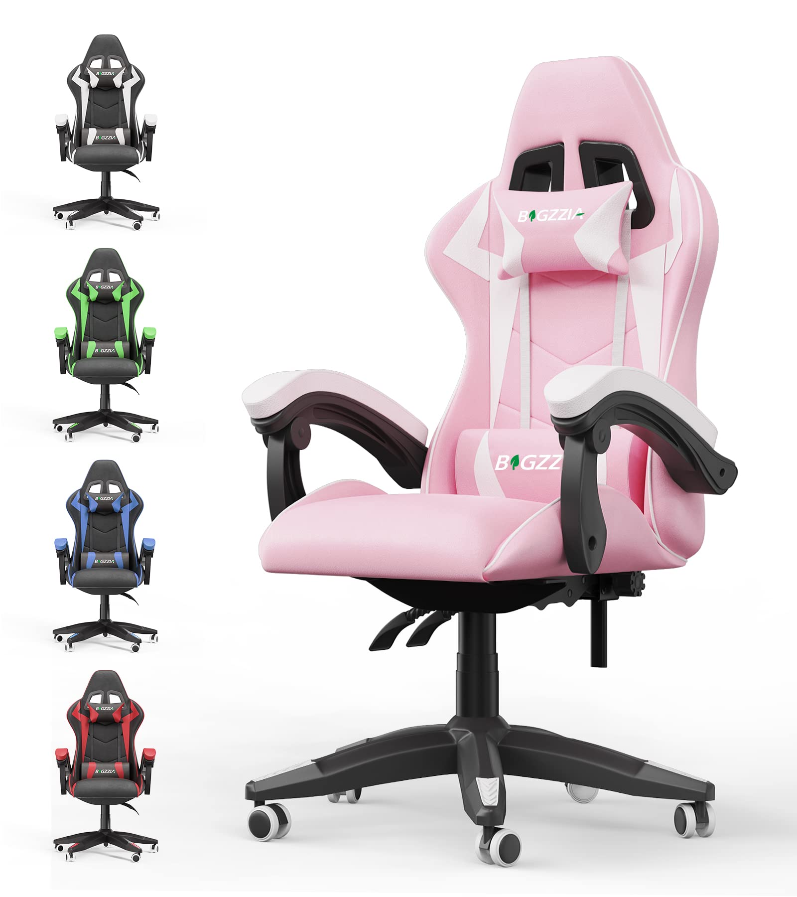 Bigzzia Pink Gaming Chair - Ergonomic High Back PU Leather Office Desk Chair with Adjustable Headrest & Lumbar Support, Swivel Rolling Recliner for PC, Video Game, Racing, and Home Office Use