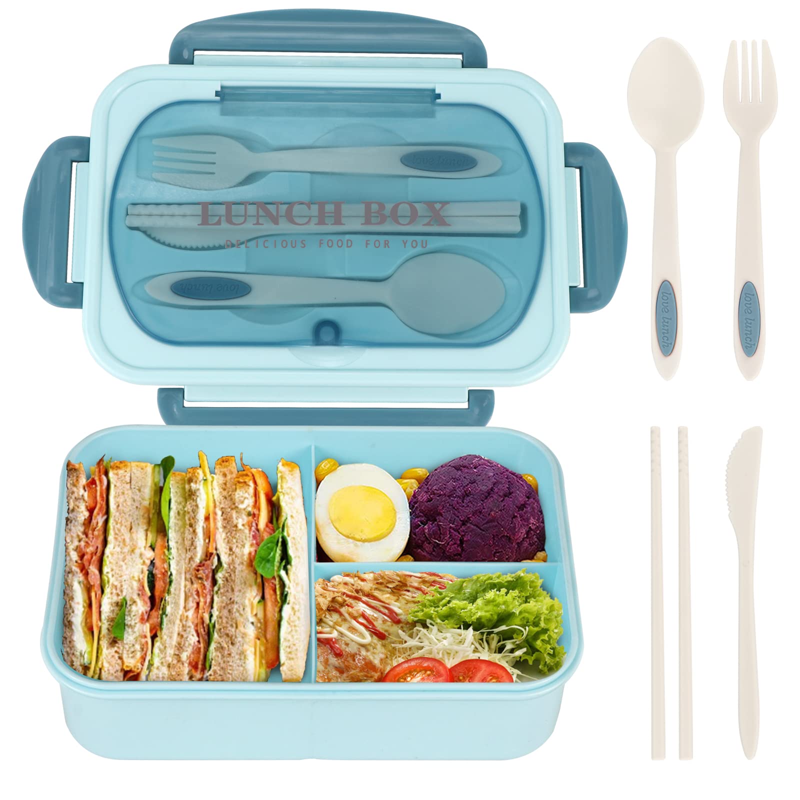 NatraProw 1200ML Bento Box for Adults - Leak Proof 3 Compartment Lunch Container with Utensils, BPA Free & Microwave Safe - Perfect for Office, School, Picnics & Meal Prep (Blue)