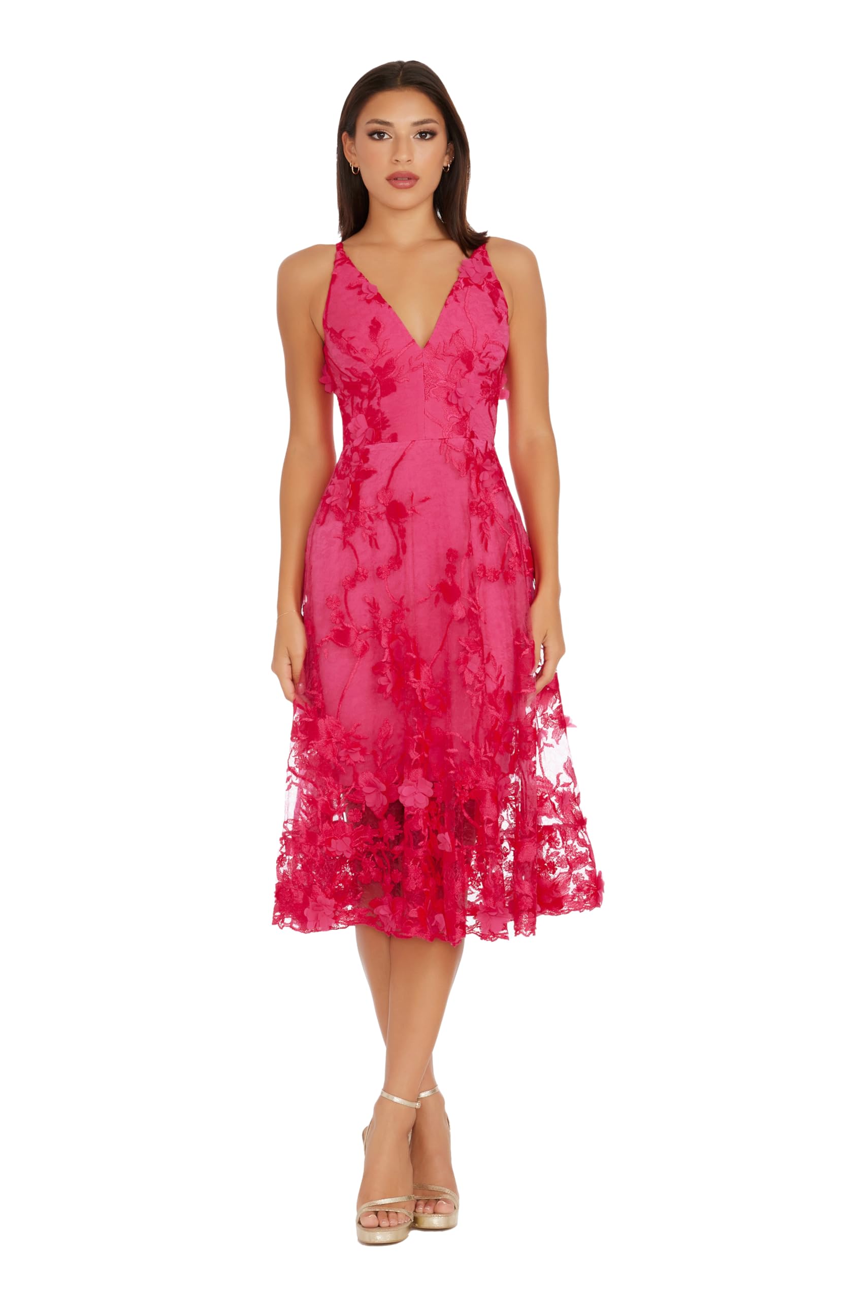 Dress the Population Women's Audrey Spaghetti Strap Midi A-line 3D Floral Dress - Elegant Summer Cocktail Party & Wedding Guest Dress