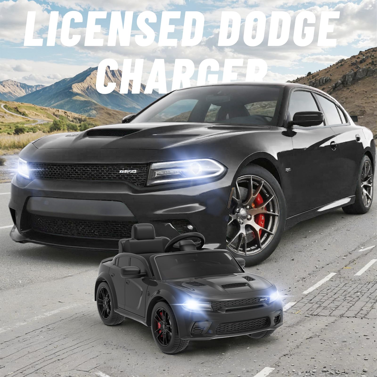 12V Licensed Dodge Charger Kids Electric Ride-On Car with Remote Control - 3 Speed, Suspension System, LED Lights, MP3 & Bluetooth - Black - Perfect for Birthday Gifts, Outdoor Play & Backyard Fun