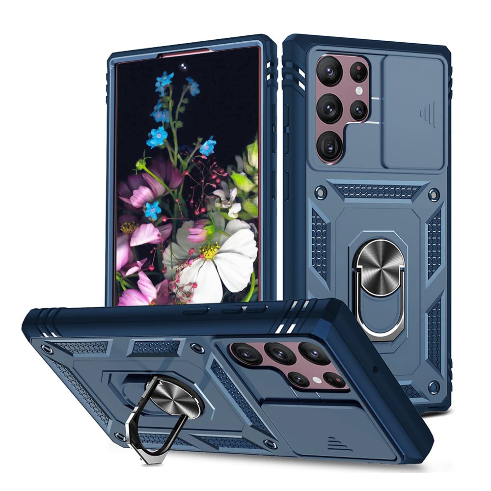 Premium Samsung Galaxy S22 Ultra Phone Case with Slide Camera Protection & Kickstand - Shockproof Slim Protective Cover for Galaxy S22 Ultra (Blue) - Perfect for Work, Travel & Everyday Use