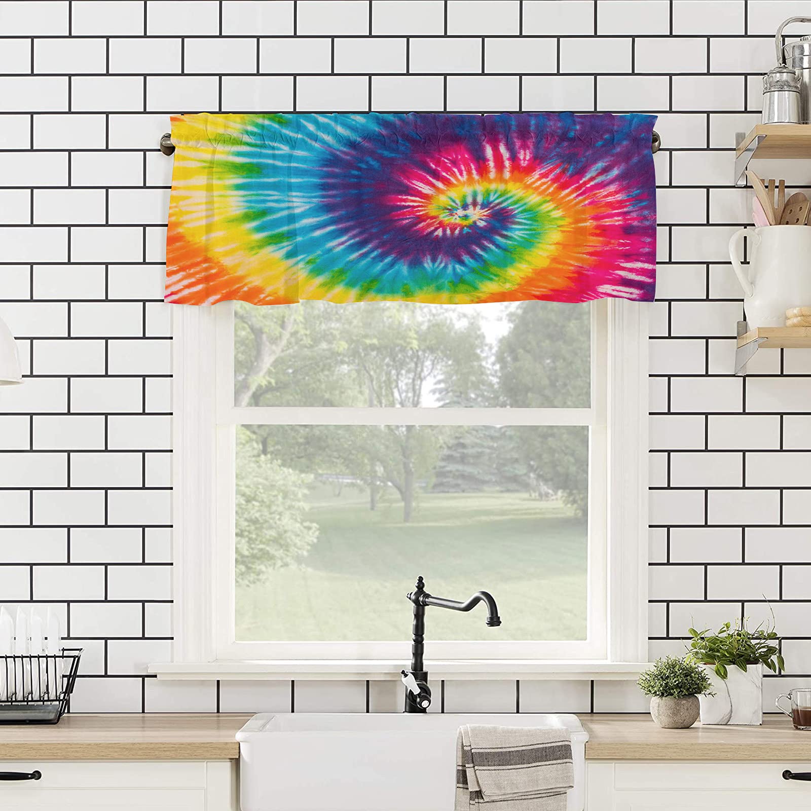 Vanlance Rod Pocket Window Curtains - Soft & Washable Rainbow Tie Dye Valance Panel (54x18 Inch) for Living Room, Kitchen & Bathroom - Perfect Small Window Treatment & Home Decor Accent