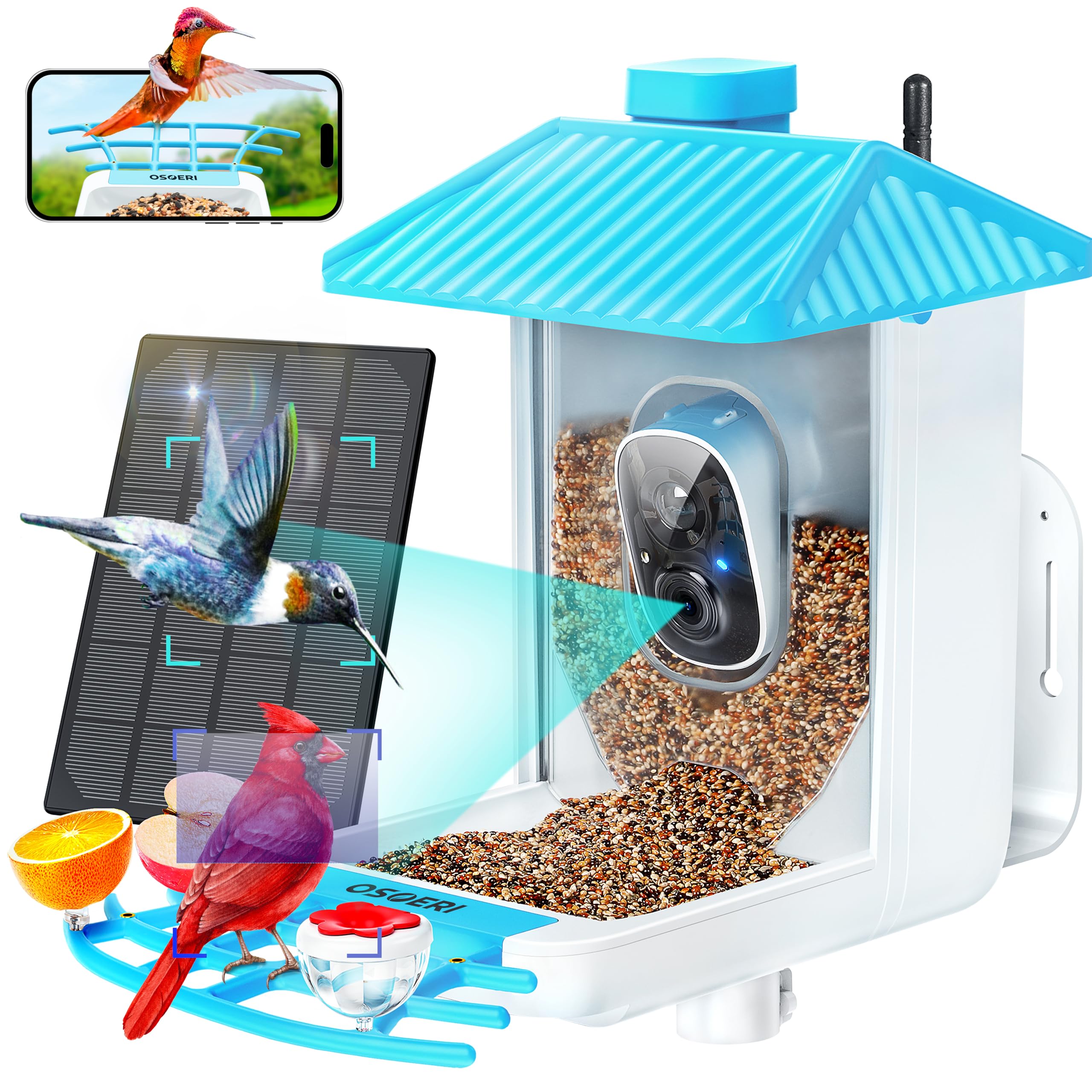 Osoeri Smart Bird Feeder with Camera - 1080P HD AI Bird Identification, Auto Capture Videos & Motion Detection, DIY Accessories & Hummingbird Feeder - Perfect Gift for Bird Lovers - Ideal for Backyard Birdwatching, Nature Enthusiasts & Wildlife Photography
