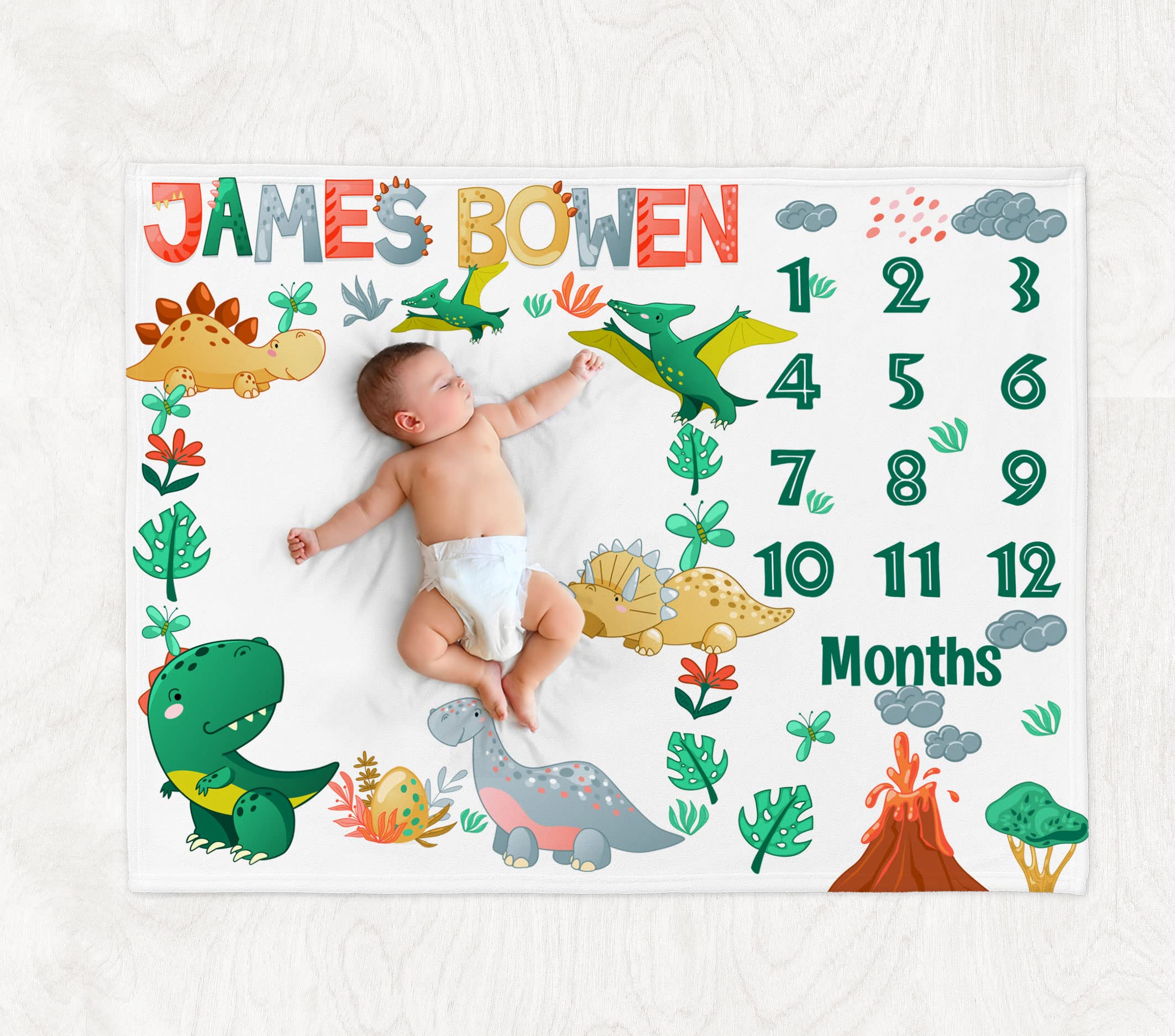 Personalized Dinosaur Baby Blanket - Custom Name & Monthly Milestone Blanket for Boys - Soft Newborn Gift for Baby Showers, Birthdays & Nursery Decor