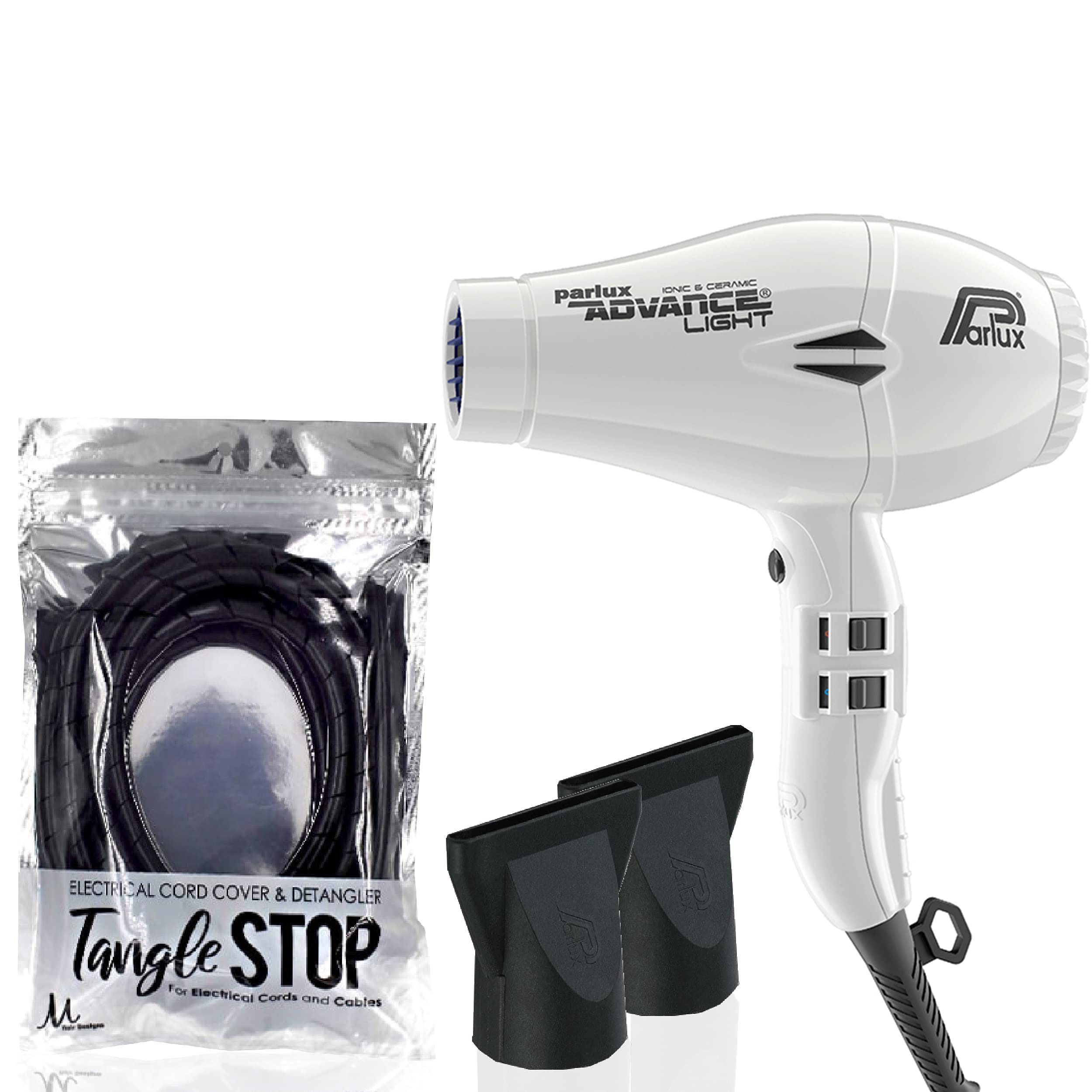 Parlux Advance Light Ionic & Ceramic White Hair Dryer with M Hair Designs Tangle Stop Cord Cover Detangler - Professional Salon Hair Styling Tools for Smooth, Frizz-Free Hair at Home or Travel