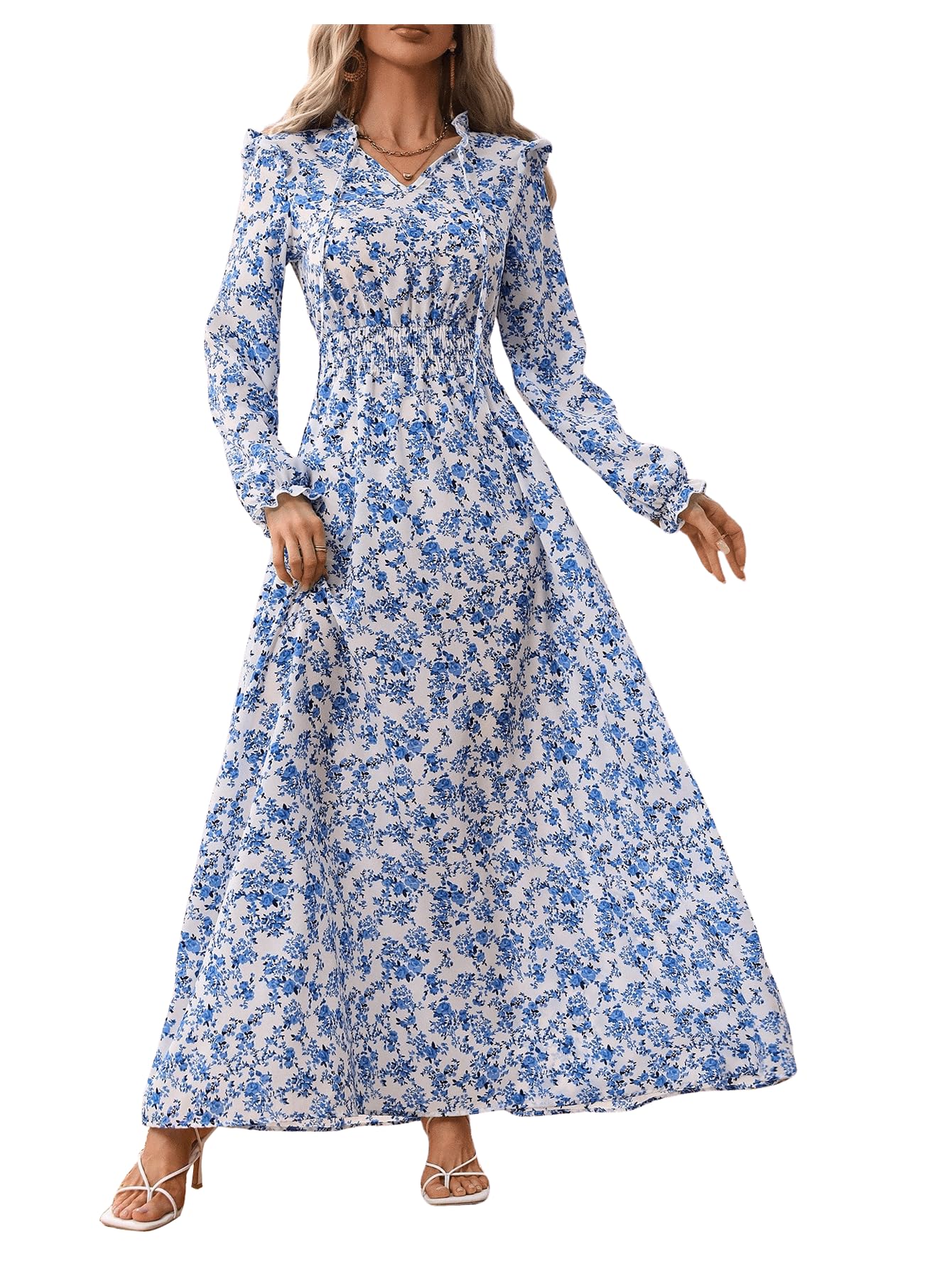 MakeMeChic Women's Floral Print Maxi Dress 2025 - Long Sleeve, Frill Trim & Shirred Design for Spring - Perfect for Weddings, Parties & Casual Outings