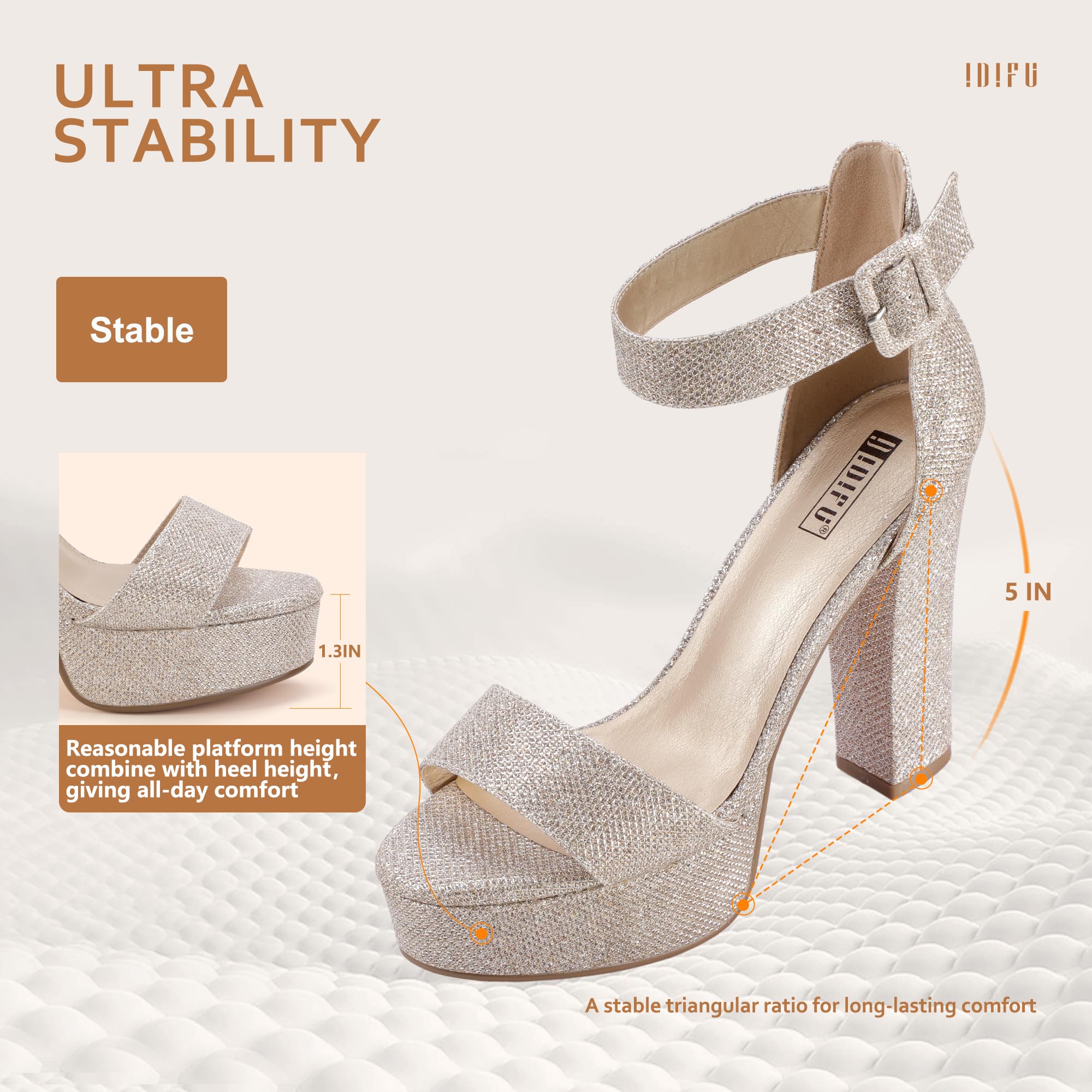 IDIFU IN5 Sabrina Women's Platform Heels - Chunky Block Heel Sandals with Ankle Strap | Open Toe Dress Shoes for Wedding, Party & Night Out | Comfortable High Heels for Women