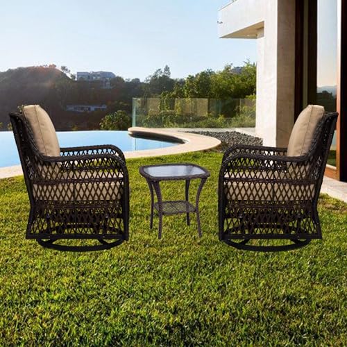 GARVEE 3-Piece Rattan Swivel Rocking Chair Set for Outdoor Patio, Wicker Bistro Conversation Furniture with Cushions & Side Table - Perfect for Garden, Porch, and Backyard Relaxation