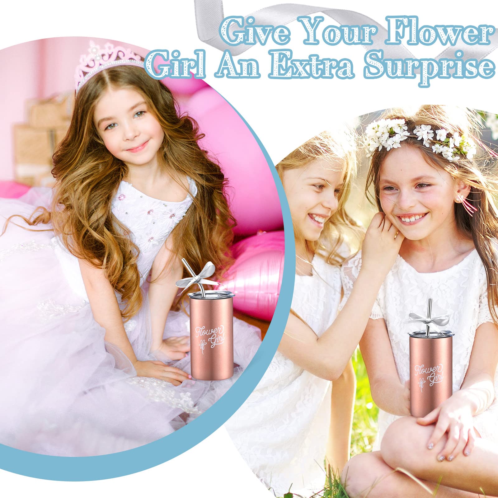 Rose Gold Flower Girl Tumbler with Straw - Wedding Proposal Gift for Bride & Valentine Party