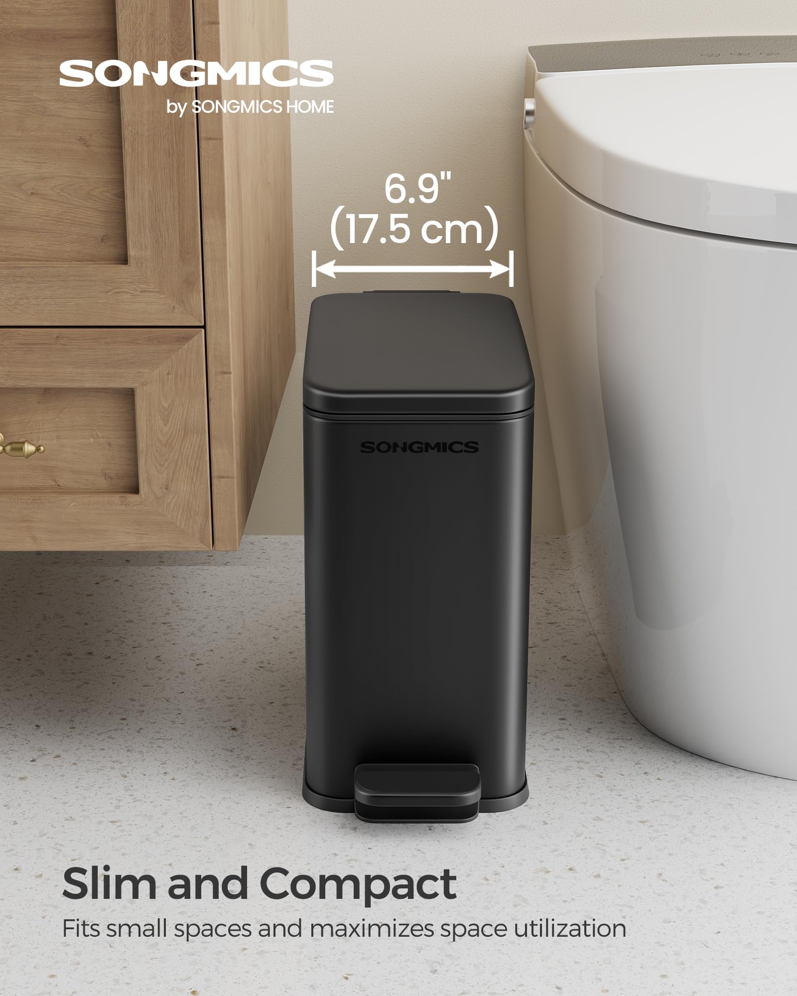 SONGMICS 2.6 Gallon Slim Stainless Steel Bathroom Trash Can with Soft Close Lid - Space Saving Small Garbage Bin for Bathroom, Kitchen, Office - Black ULTB561B10