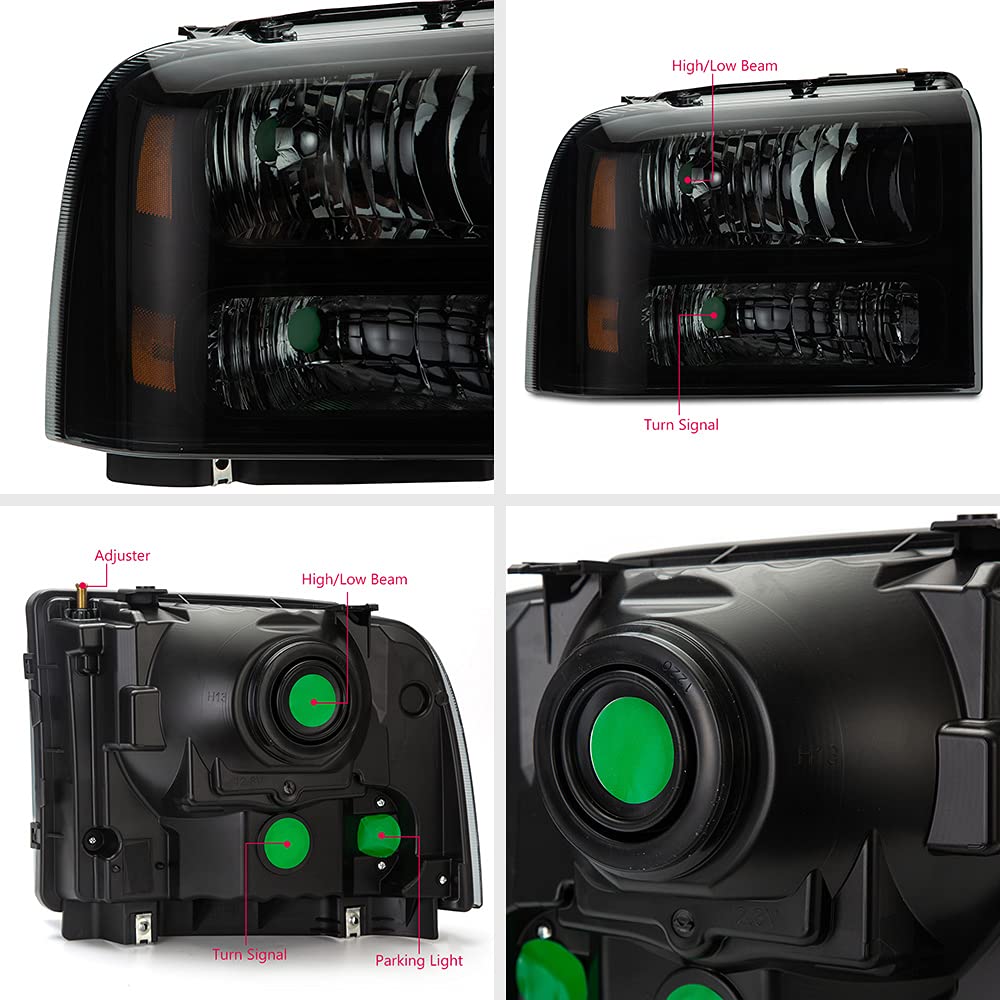 Ford F250 F350 Headlights 2005-2007 - Smoked Lens for Super Duty Trucks - Off-Road & Night Driving