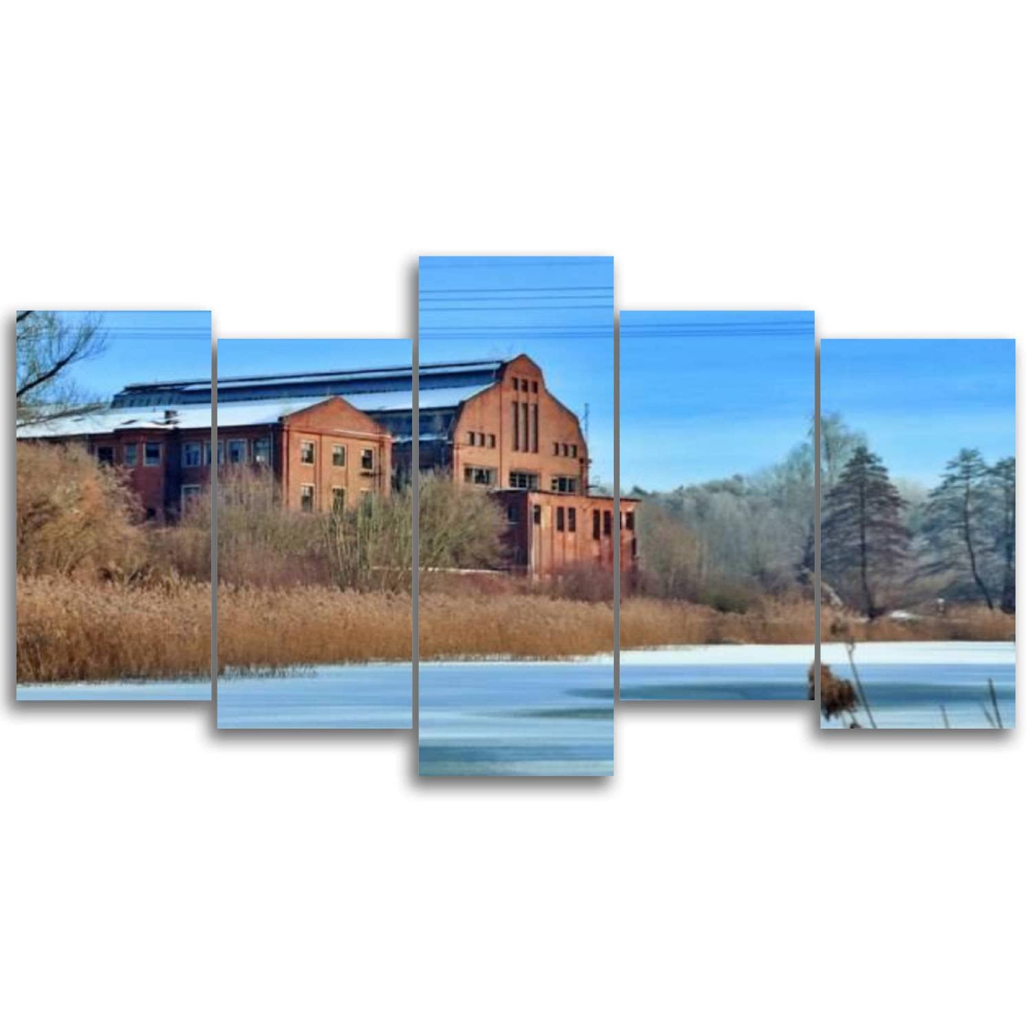 Abstract Canvas Wall Art - Former Power Station on Finow Canal Painting | 5 Panel Modern Art Prints for Living Room & Bedroom Decor | Perfect for Home Office, Dining Room & Dormitory Wall Decor