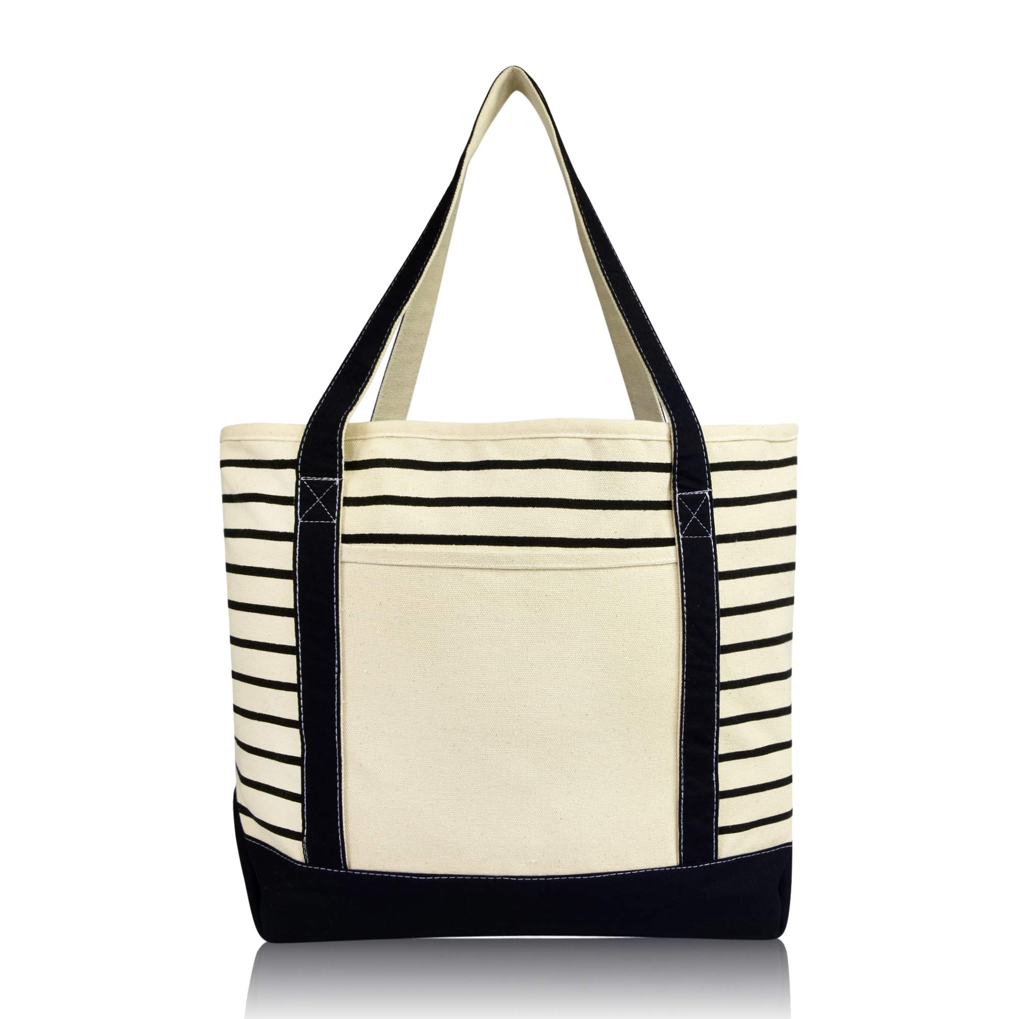 DALIX Medium Stripe Tote Bag - Deluxe Cotton Canvas Shoulder Bag for Women in Black | Perfect for Work, Travel & Everyday Use