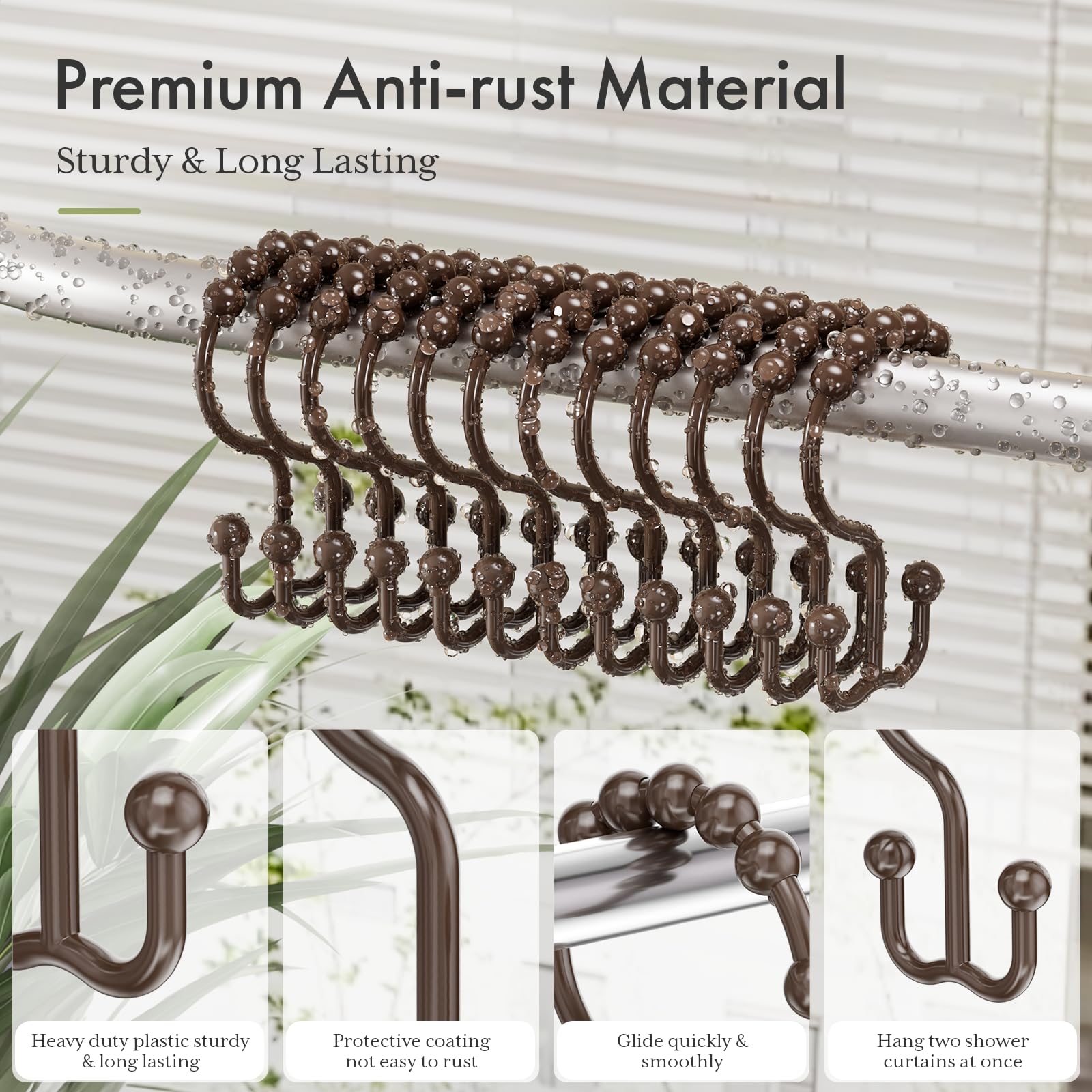 Amazer 12-Pack Brown Plastic Double Shower Curtain Hooks Rings for Bathroom - Durable Shower Rod Accessories for Home, Hotel & Spa Use