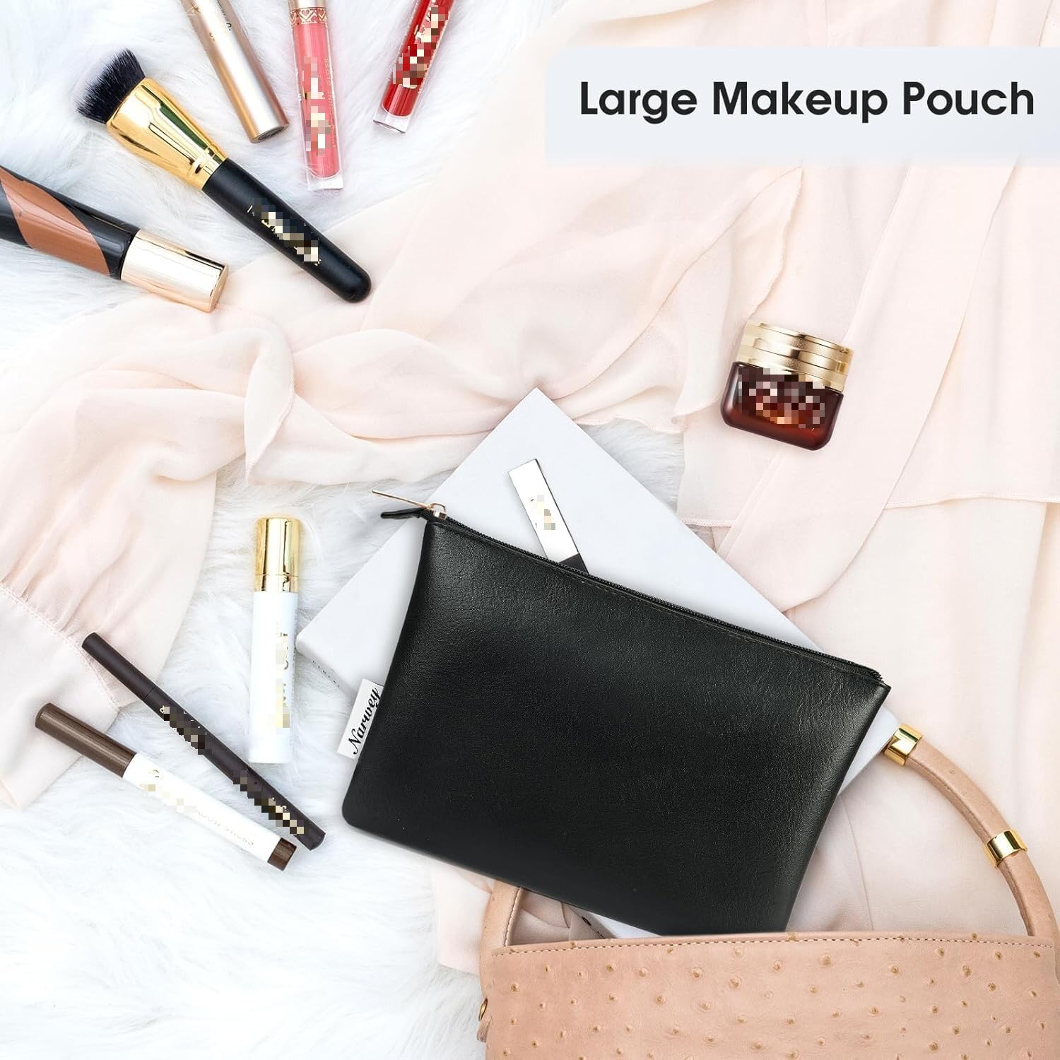 Narwey Small Makeup Bag - PU Leather Cosmetic Pouch for Women Travel & Purse (Black) - Perfect for On-the-Go Beauty