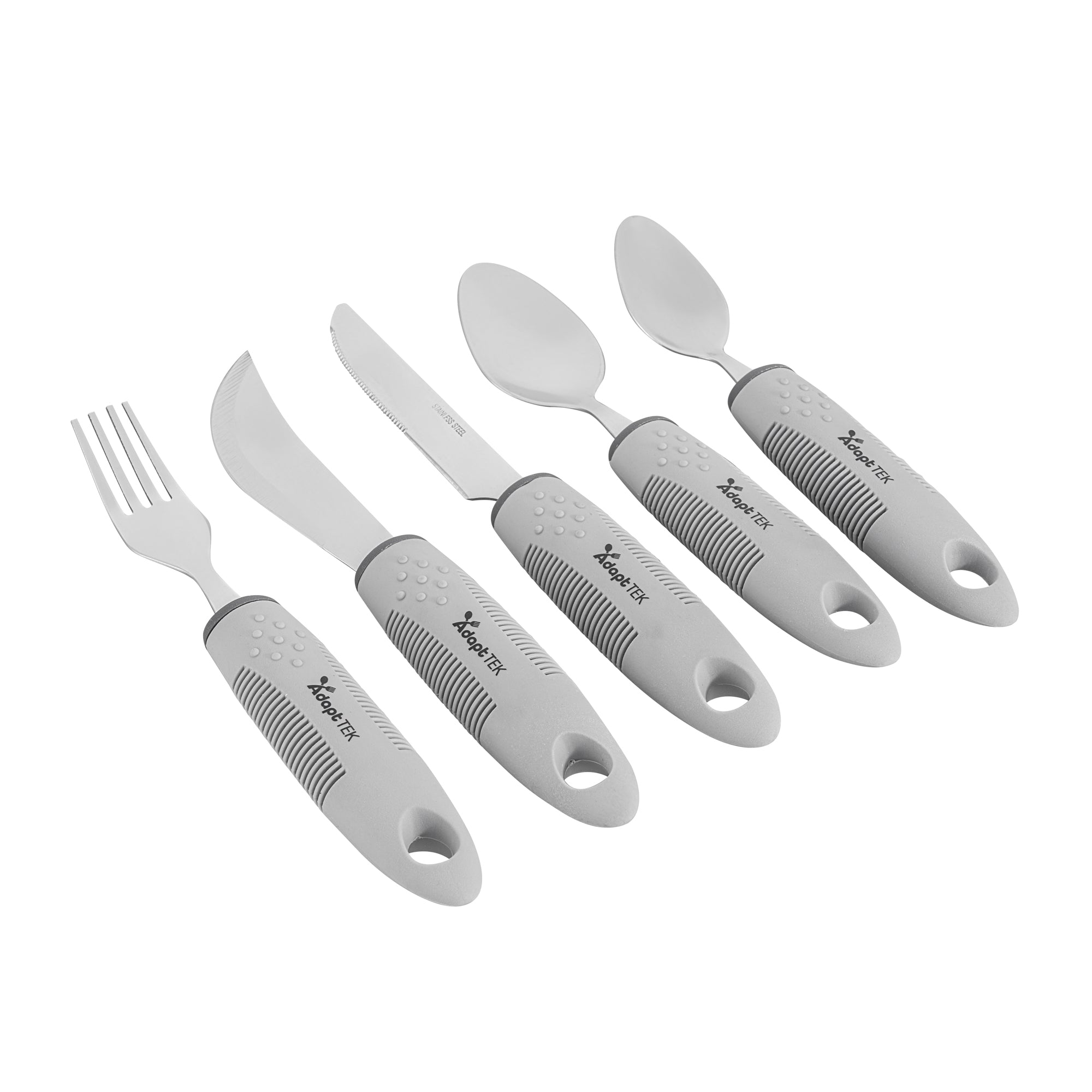 Adapt Tek Gray Stainless Steel 5-Piece Adaptive Utensil Set - Lightweight, Non-Slip Grip, Ergonomic Design for Easy Eating - Ideal for Seniors, Arthritis & Disability Assistance (1 Count Box)
