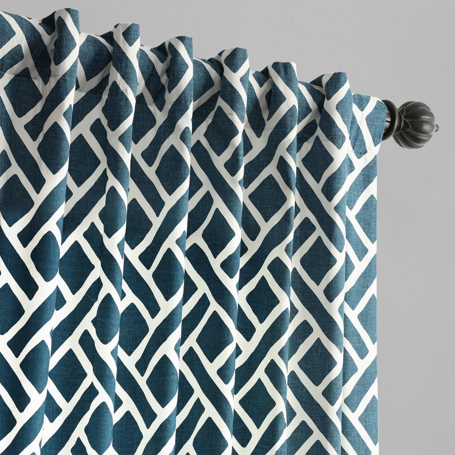 Martinique Blue Geometric Printed Cotton Room Darkening Curtains - Blackout Window Drapes for Bedroom, Living Room & Nursery - Noise Reducing & Light Blocking Home Decor
