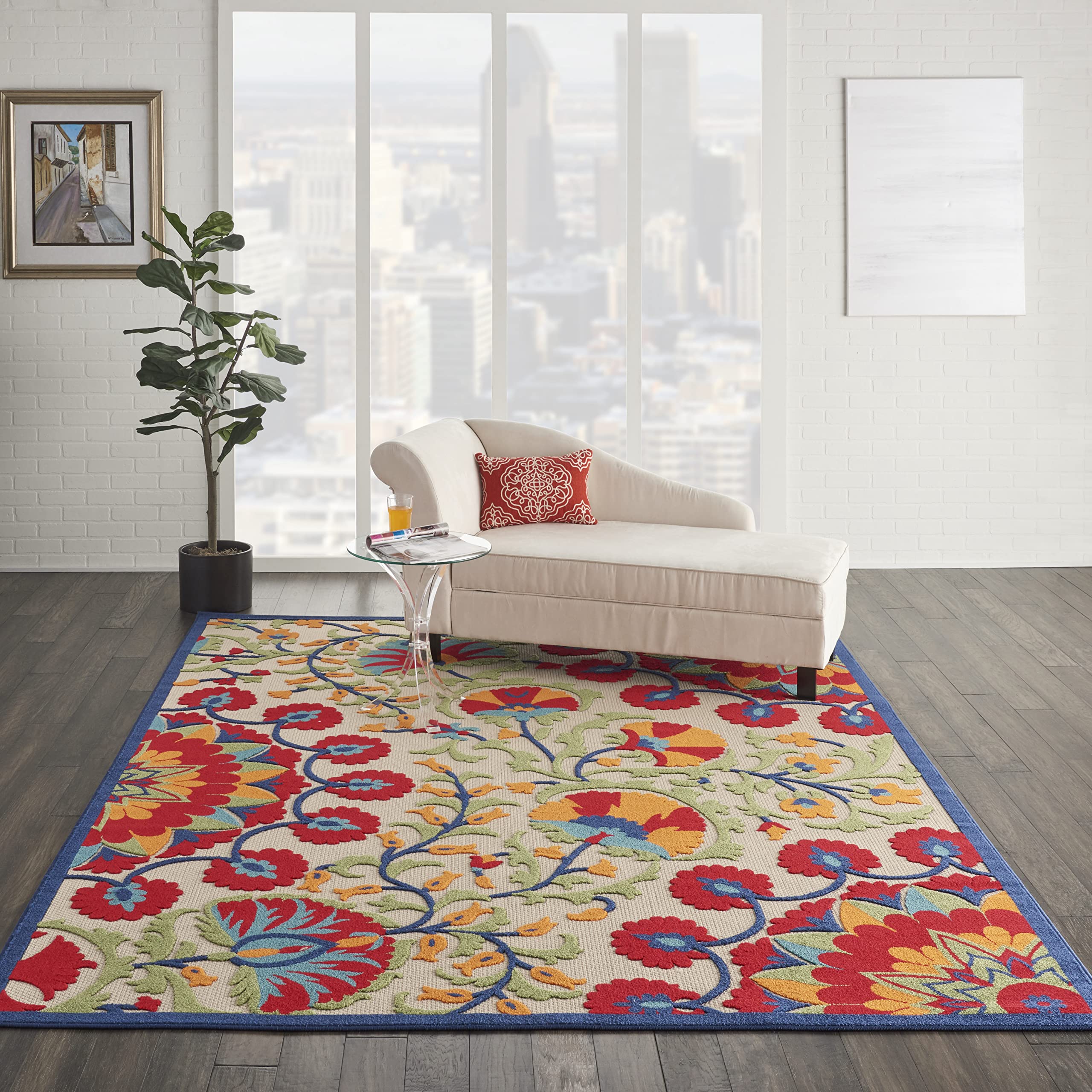Nourison Aloha 6' x 9' Indoor/Outdoor Area Rug - Easy to Clean, Non-Shedding, Fade & Stain Resistant - Perfect for Bedroom, Living Room, Dining Room, Deck, Backyard & Patio - Tropical Red/Multi Design for Coastal & Boho Home Decor