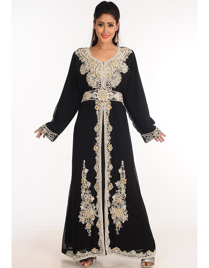 Elegant Black Georgette Kaftan with Hand Zari Embroidery - Perfect for Beach Cover-ups, Evening Parties & Boho Fashion