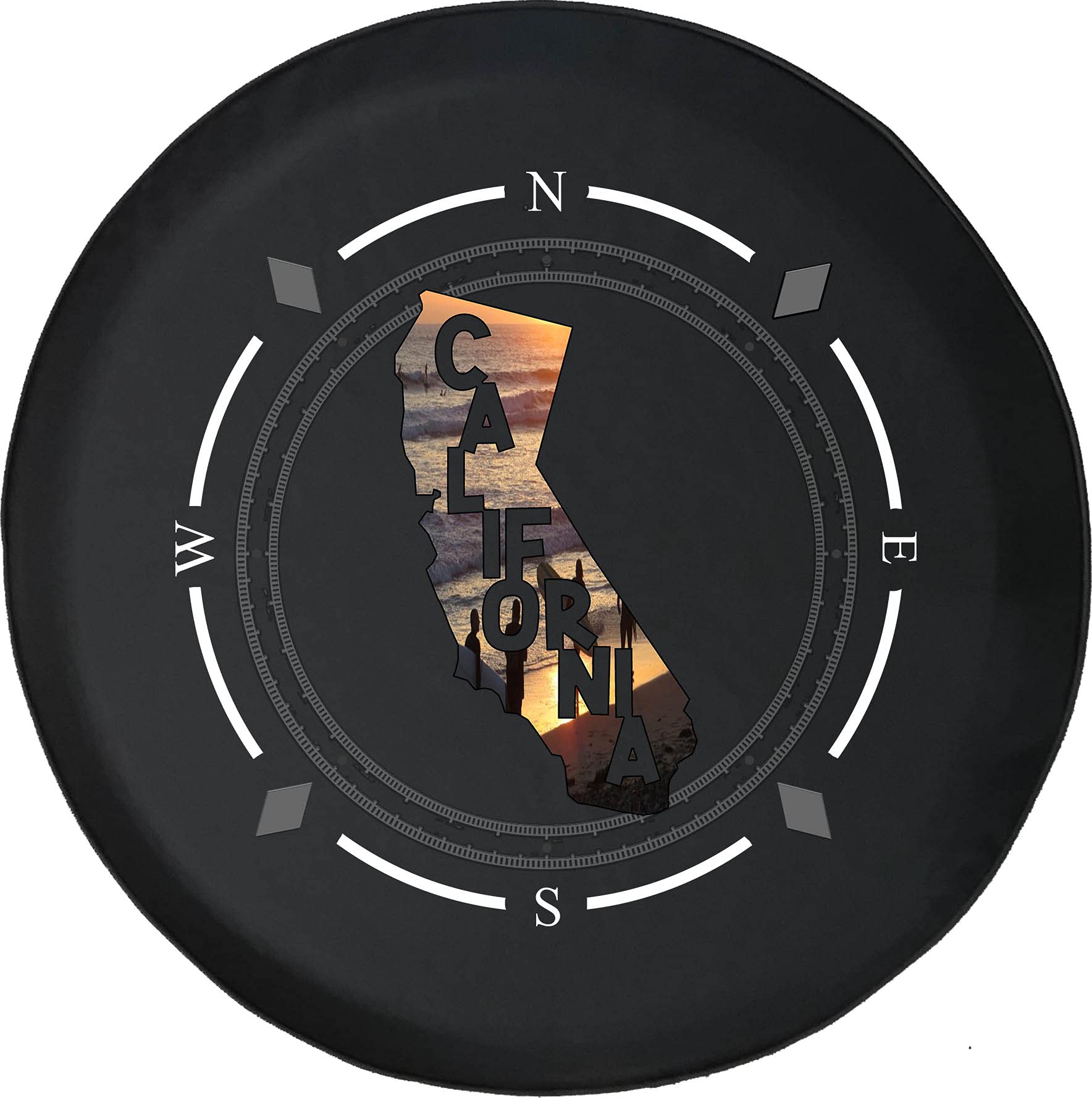 Pike Outdoors Spare Tire Cover with Compass Design - California Beach Sunset Ocean Theme - Universal Fit for SUV, Trailer, RV & Most Vehicles - Perfect for Road Trips, Camping & Outdoor Adventures