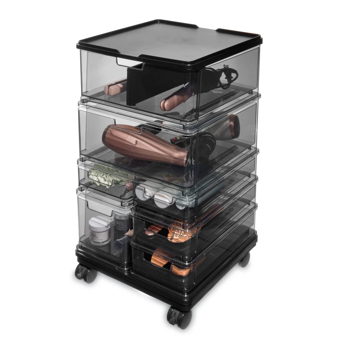 iDesign The Sarah Tanno Collection Large 7-Drawer Stacking Cosmetic Organizer Cart - Smoke Black | Makeup Storage Organizer for Vanity, Bathroom & Bedroom | Portable Beauty Storage Solution for Cosmetics, Skincare & Jewelry