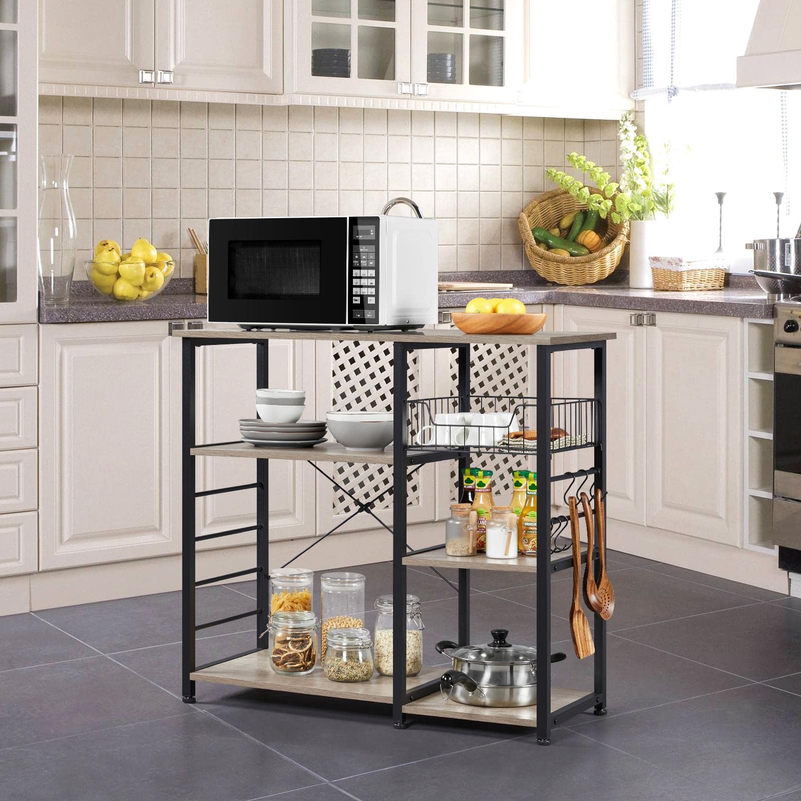Yaheetech 4-Tier Industrial Kitchen Storage Shelf - Heavy Duty Metal Utility Rack with 6 S-Hooks for Microwave, Coffee Bar, Baker Station & Kitchen Island Organization, Gray - Perfect for Small Spaces & Home Organization